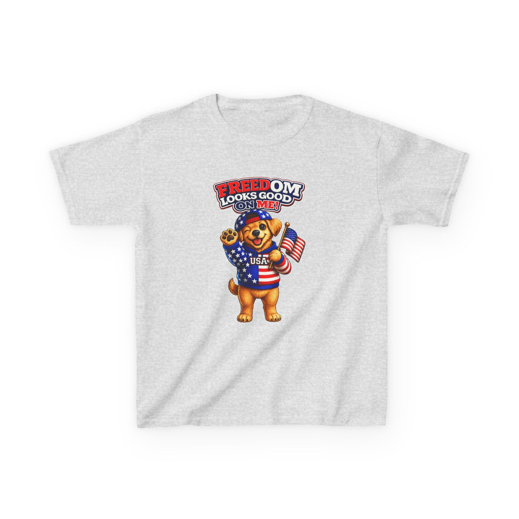Kids Patriotic T-Shirt — 'Freedom Looks Good on Me' USA Dog Graphic Tee