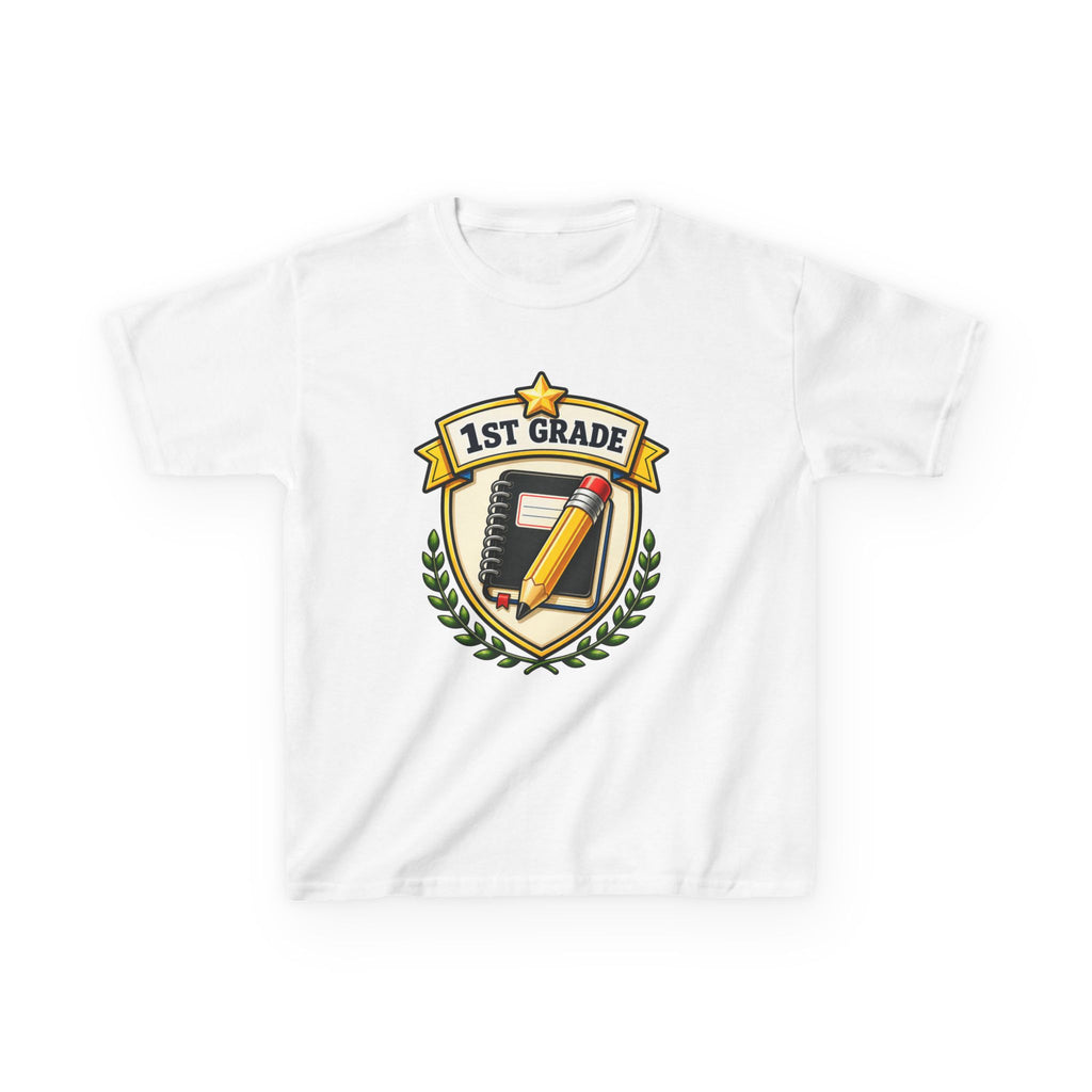 Kids 1st Grade T-Shirt — 'First Day Ready' Pencil & Notebook Badge Graphic Tee
