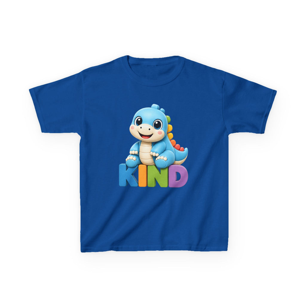 Kids Animal T-Shirt — 'KIND' Cute Blue Dinosaur Kindness Graphic Tee