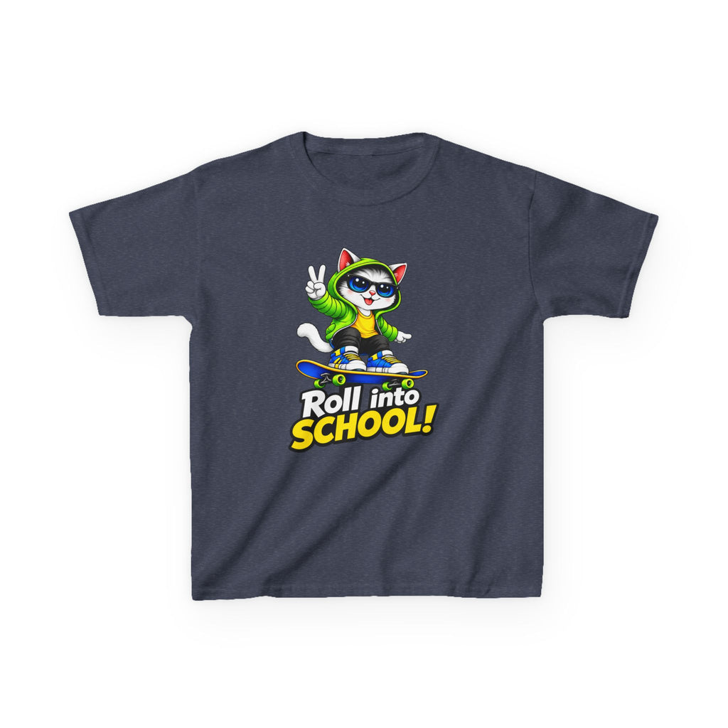 Kids T‑Shirt — 'Roll into School!' Skateboard Cat Back-to-School Tee