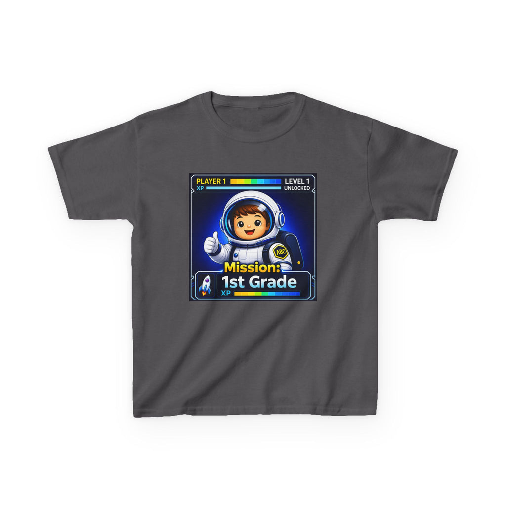 Kids Gaming T-Shirt — 'Mission: 1st Grade' Level Up Astronaut Graphic Tee