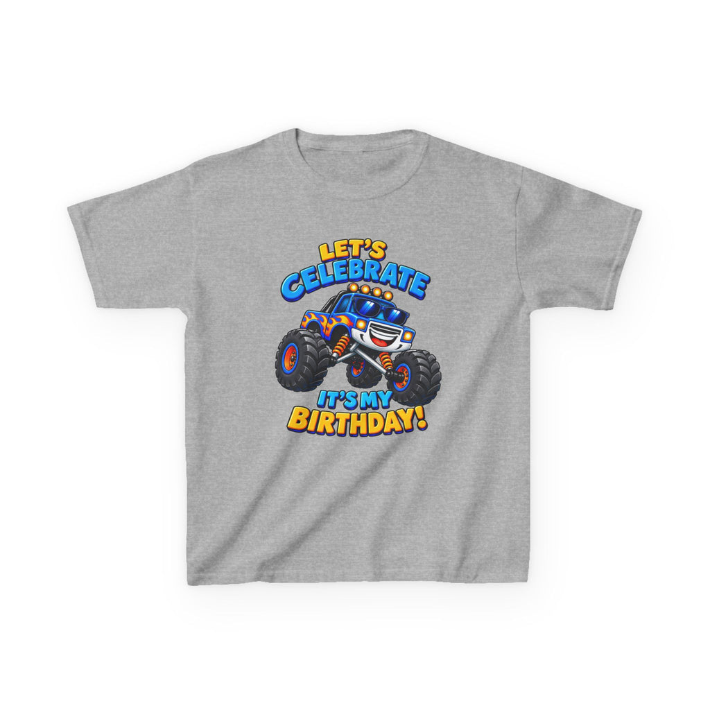 Kids Birthday T‑Shirt — 'Let's Celebrate It's My Birthday!' Monster Truck Tee