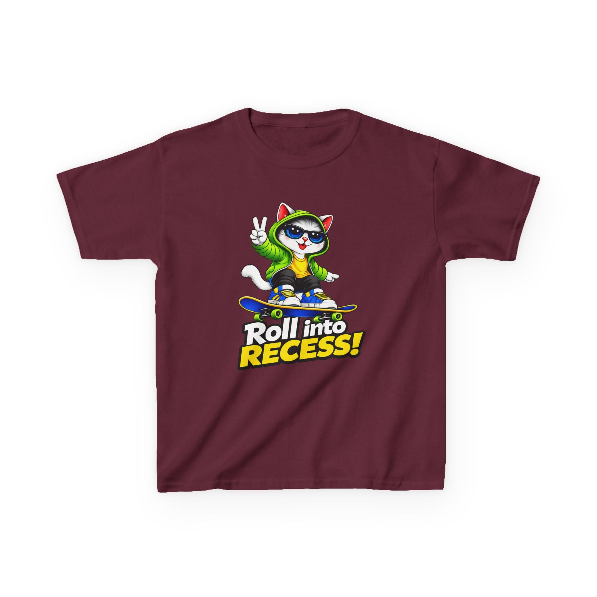 Kids Skateboarding Cat T-Shirt — 'Roll into Recess!' Graphic Tee
