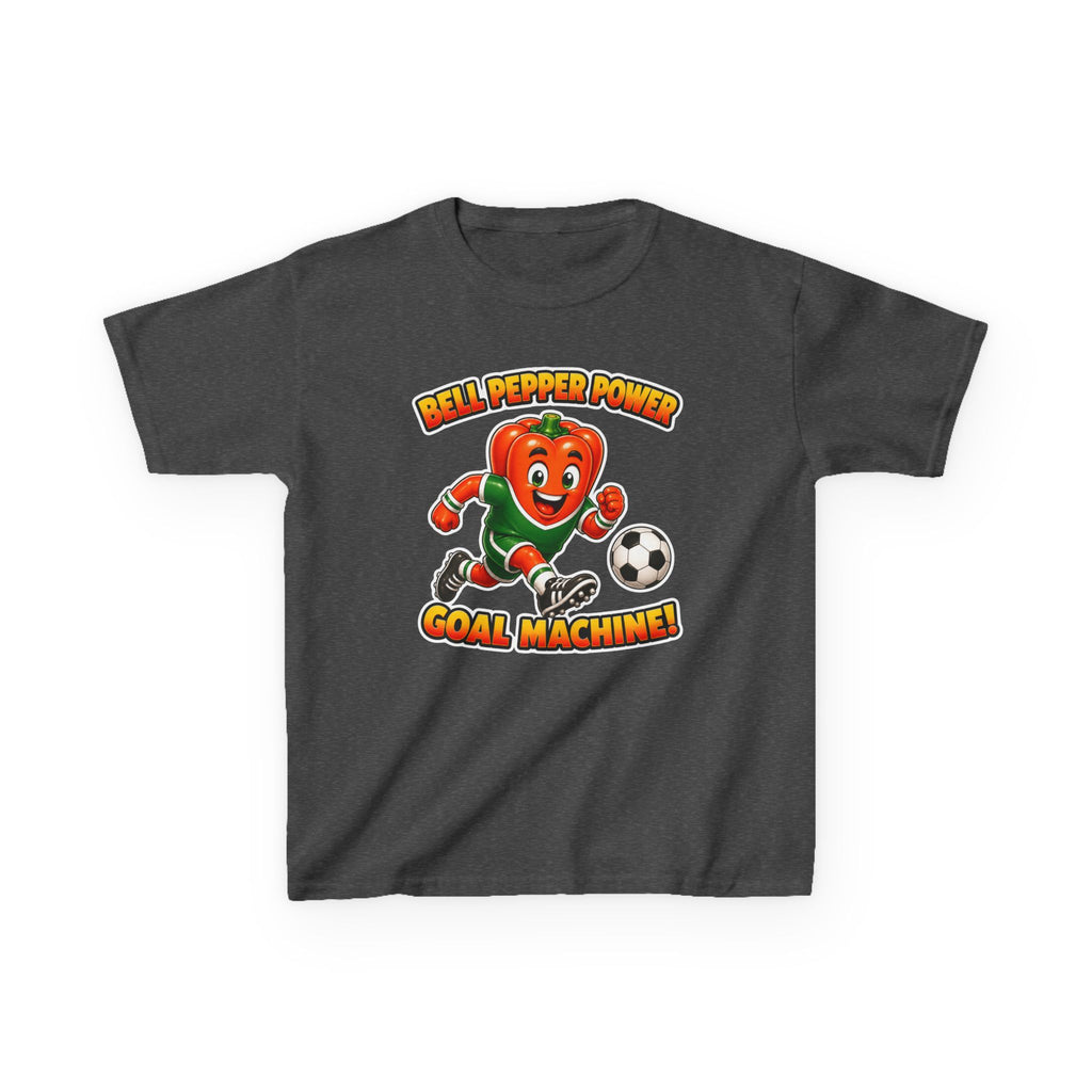 Kids Soccer T-Shirt — 'Bell Pepper Power' Goal Machine Cute Veggie Mascot Graphic Tee