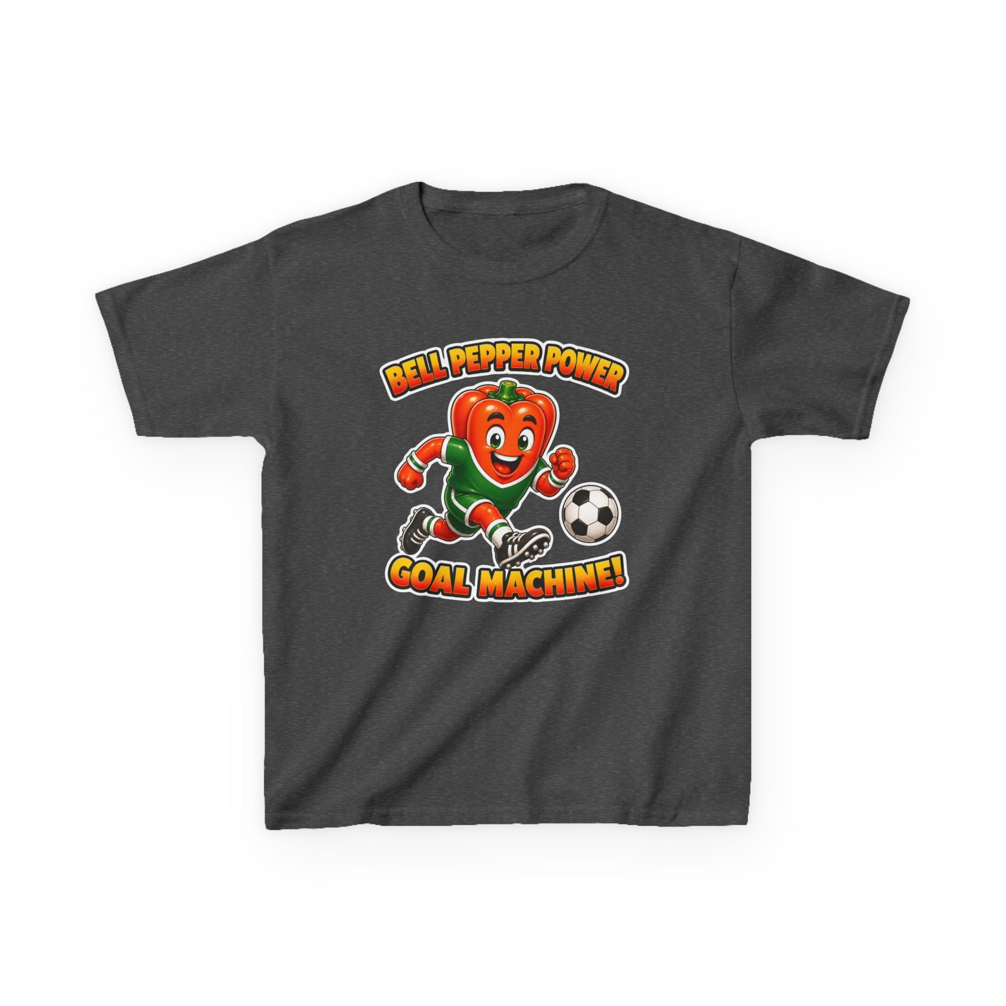 Kids Soccer T-Shirt — 'Bell Pepper Power' Goal Machine Cute Veggie Mascot Graphic Tee