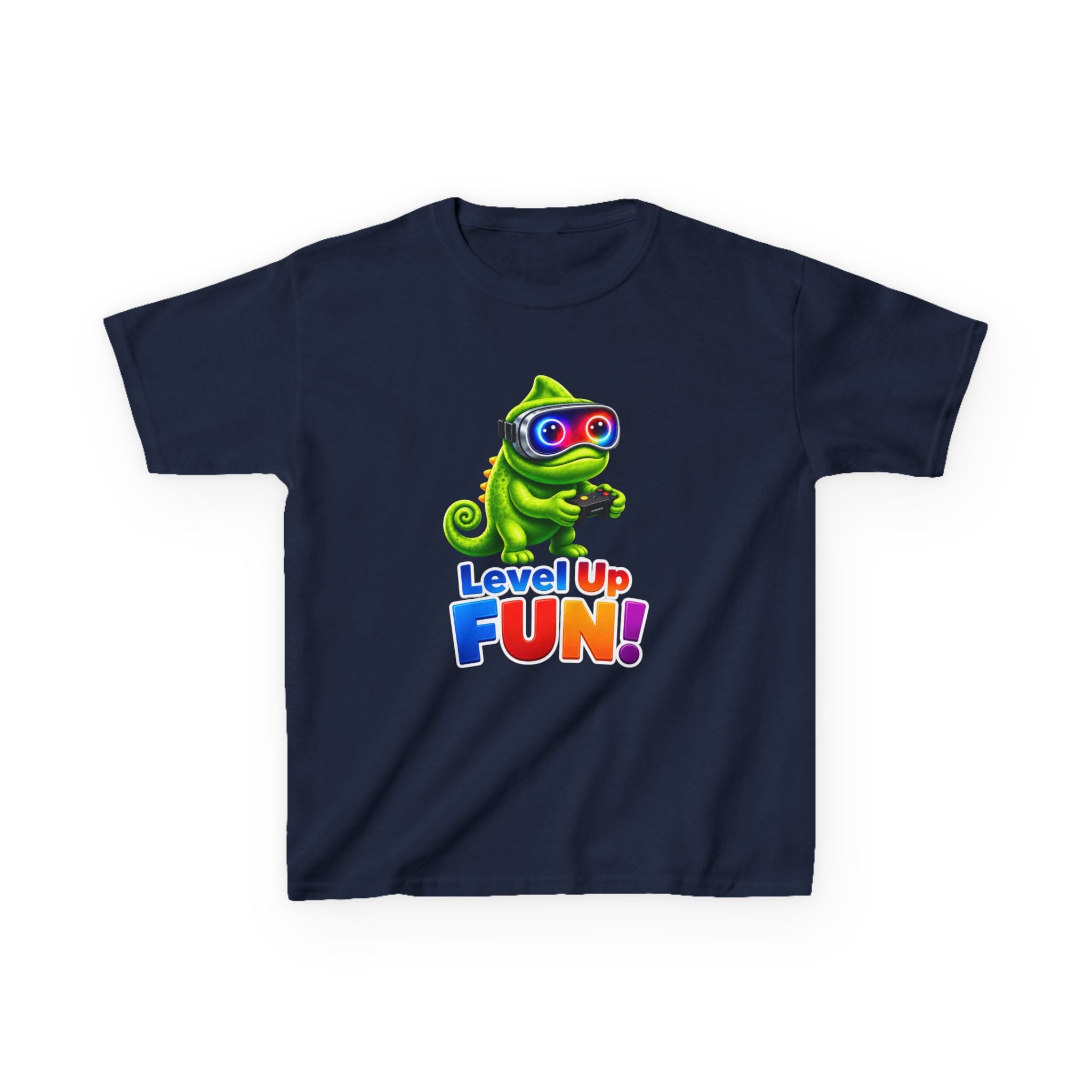 Kids Gaming T-Shirt — 'Level Up Fun!' Chameleon Gamer Graphic Tee