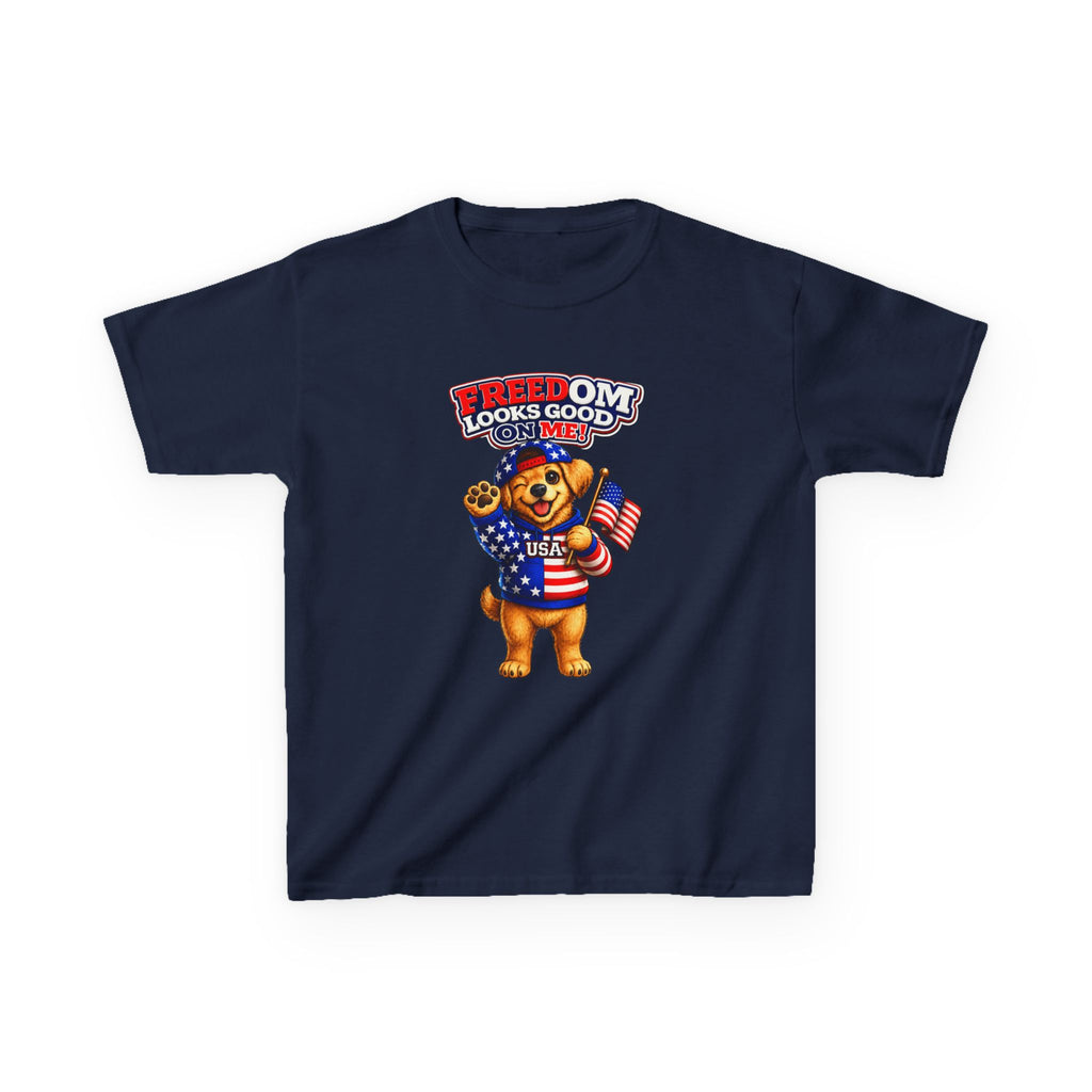 Kids Patriotic T-Shirt — 'Freedom Looks Good on Me' USA Dog Graphic Tee