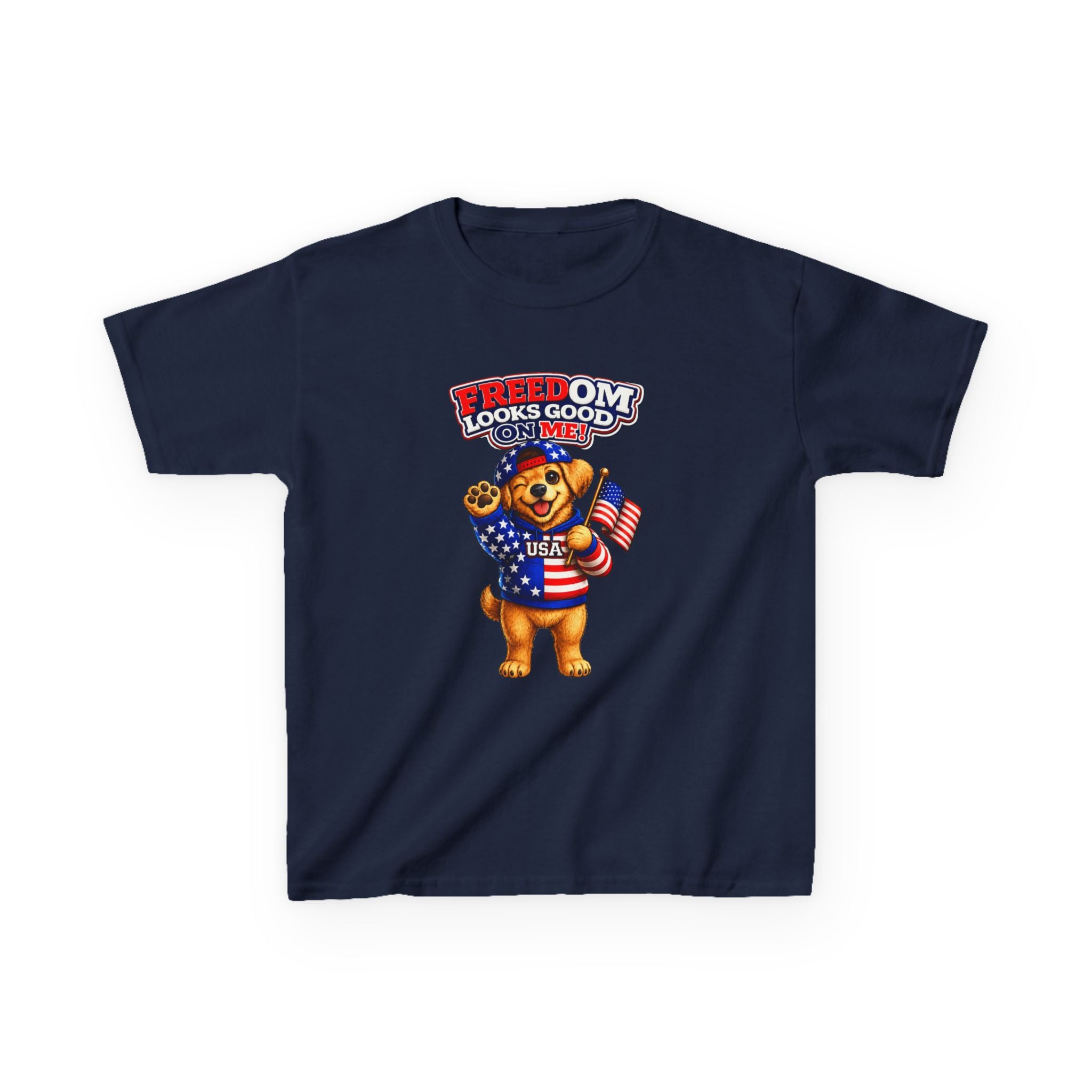 Kids Patriotic T-Shirt — 'Freedom Looks Good on Me' USA Dog Graphic Tee