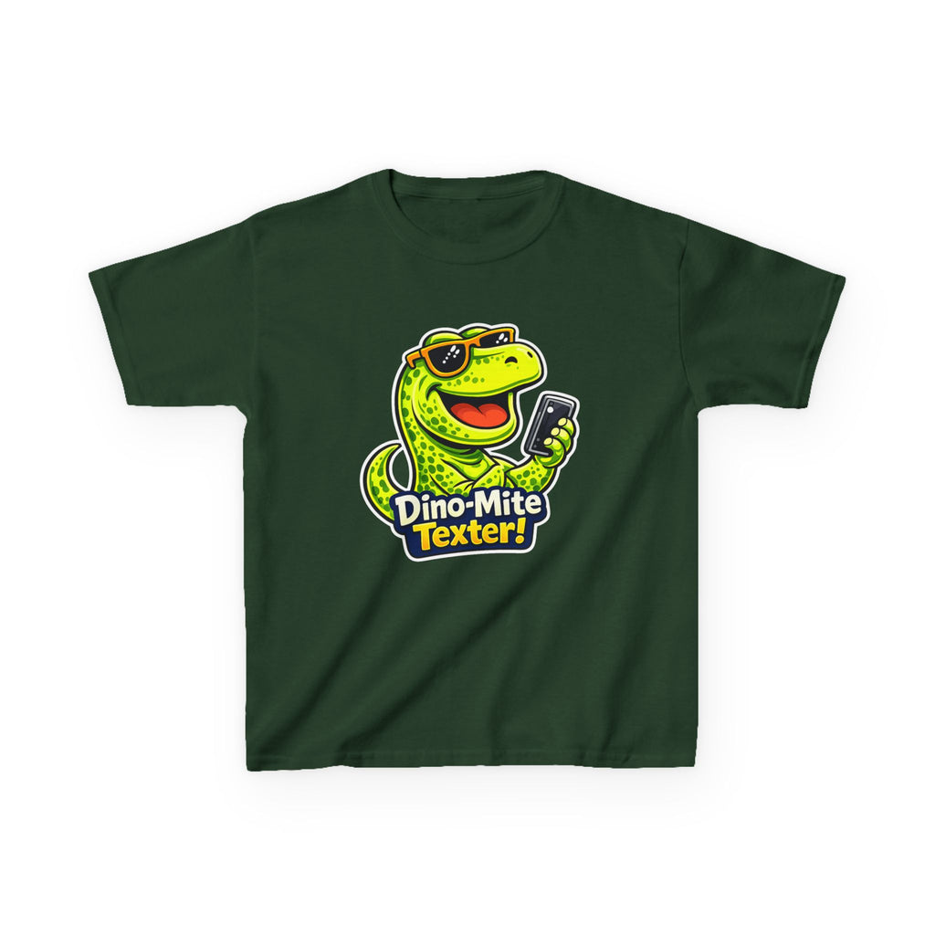Kids Dinosaur T-Shirt — 'Dino-Mite Texter' Cartoon Dinosaur Graphic Tee