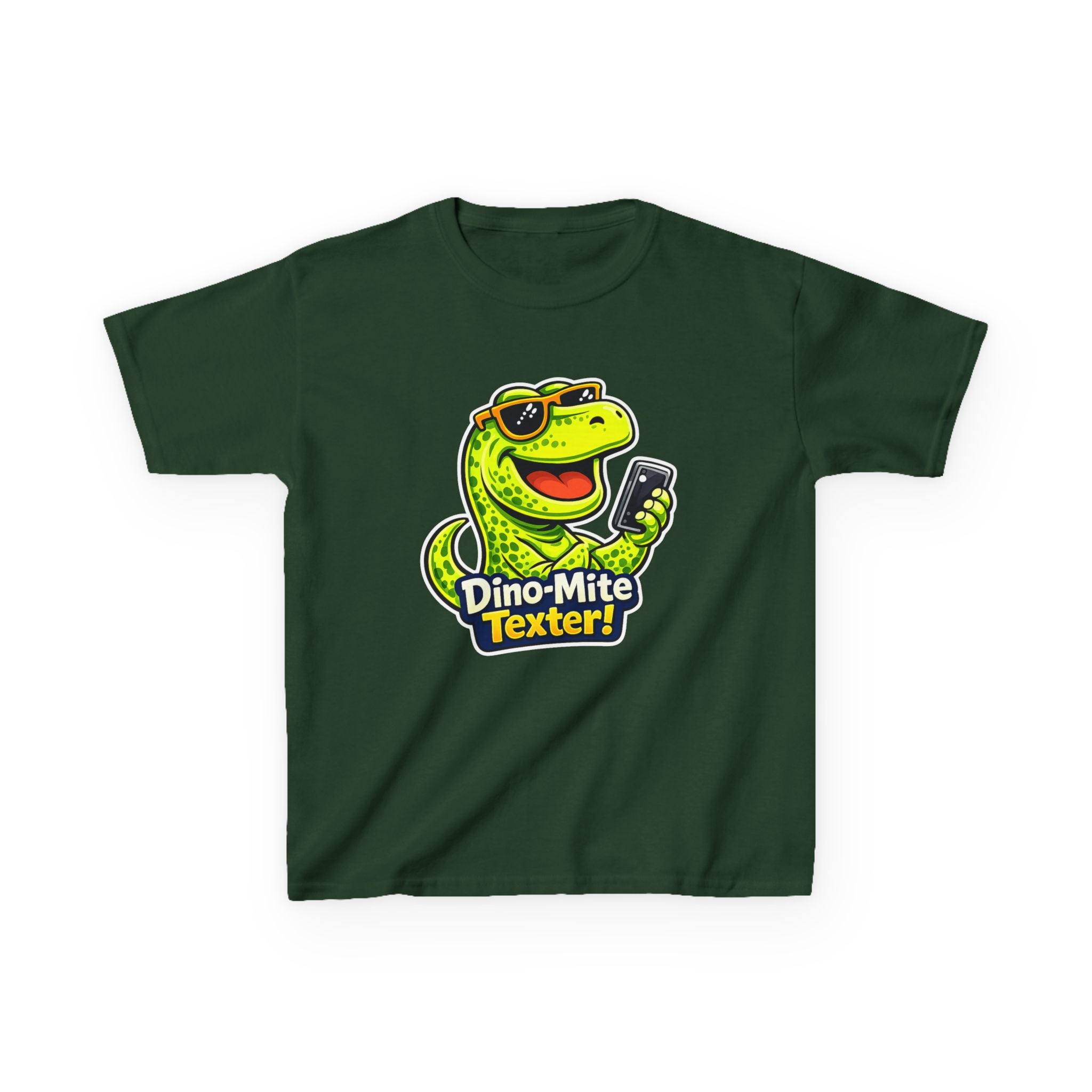 Kids Dinosaur T-Shirt — 'Dino-Mite Texter' Cartoon Dinosaur Graphic Tee