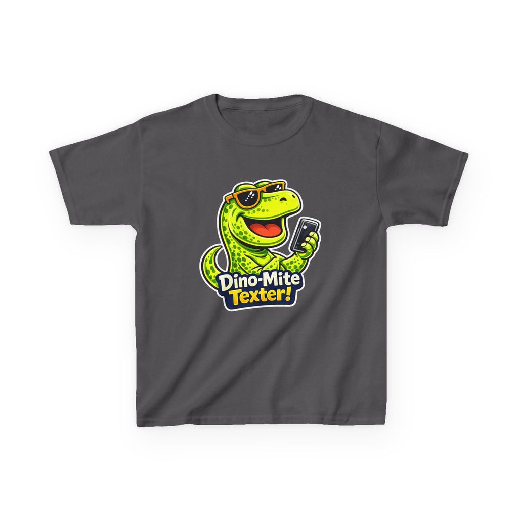 Kids Dinosaur T-Shirt — 'Dino-Mite Texter' Cartoon Dinosaur Graphic Tee