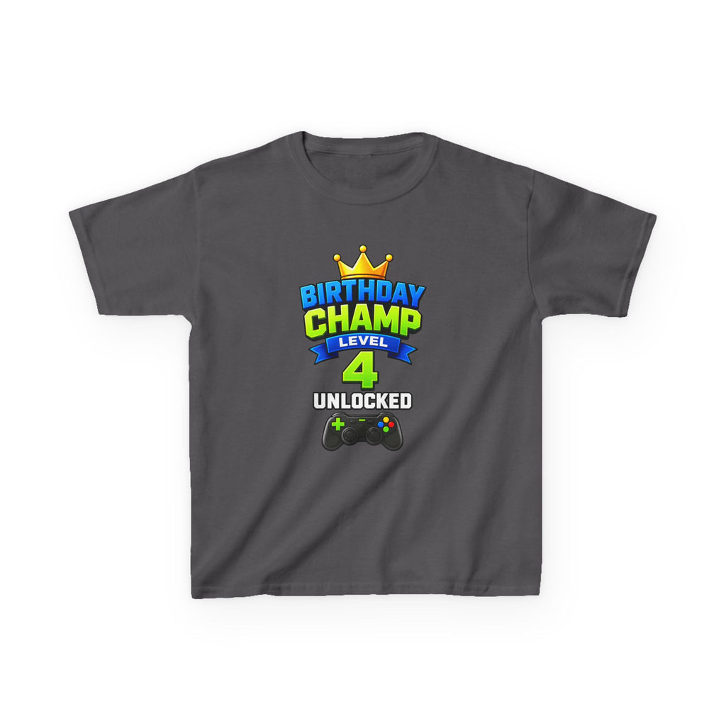 Kids Birthday T-Shirt — 'Birthday Champ' Level 4 Unlocked Gamer Graphic Tee