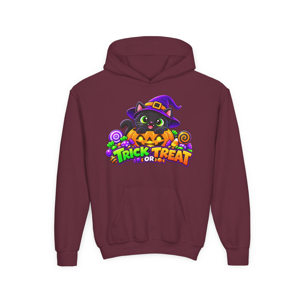 Kidxtr™ Kids Halloween Hoodie — 'Trick or Treat' Black Cat in Pumpkin Graphic Hoodie