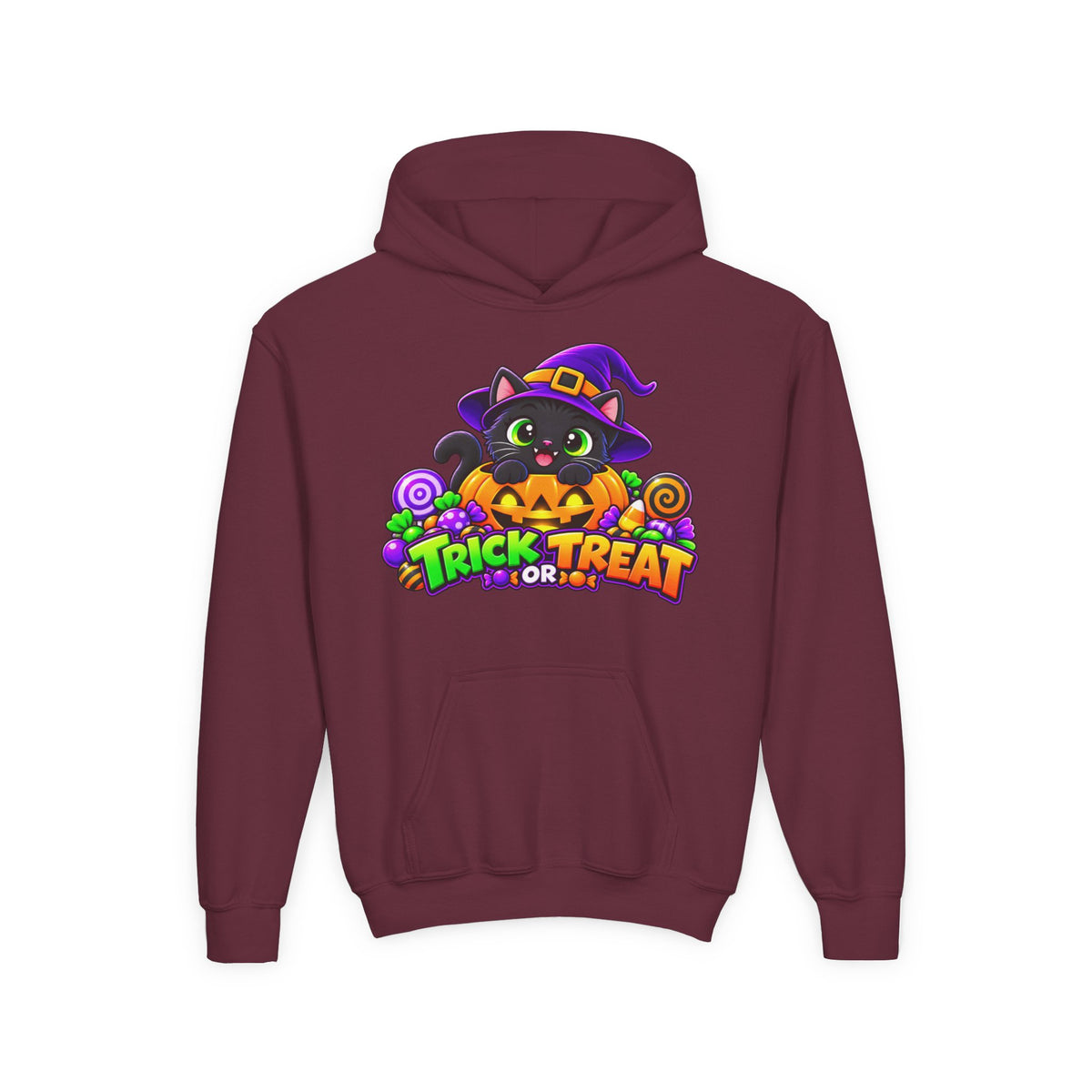 Kidxtr™ Kids Halloween Hoodie — 'Trick or Treat' Black Cat in Pumpkin Graphic Hoodie