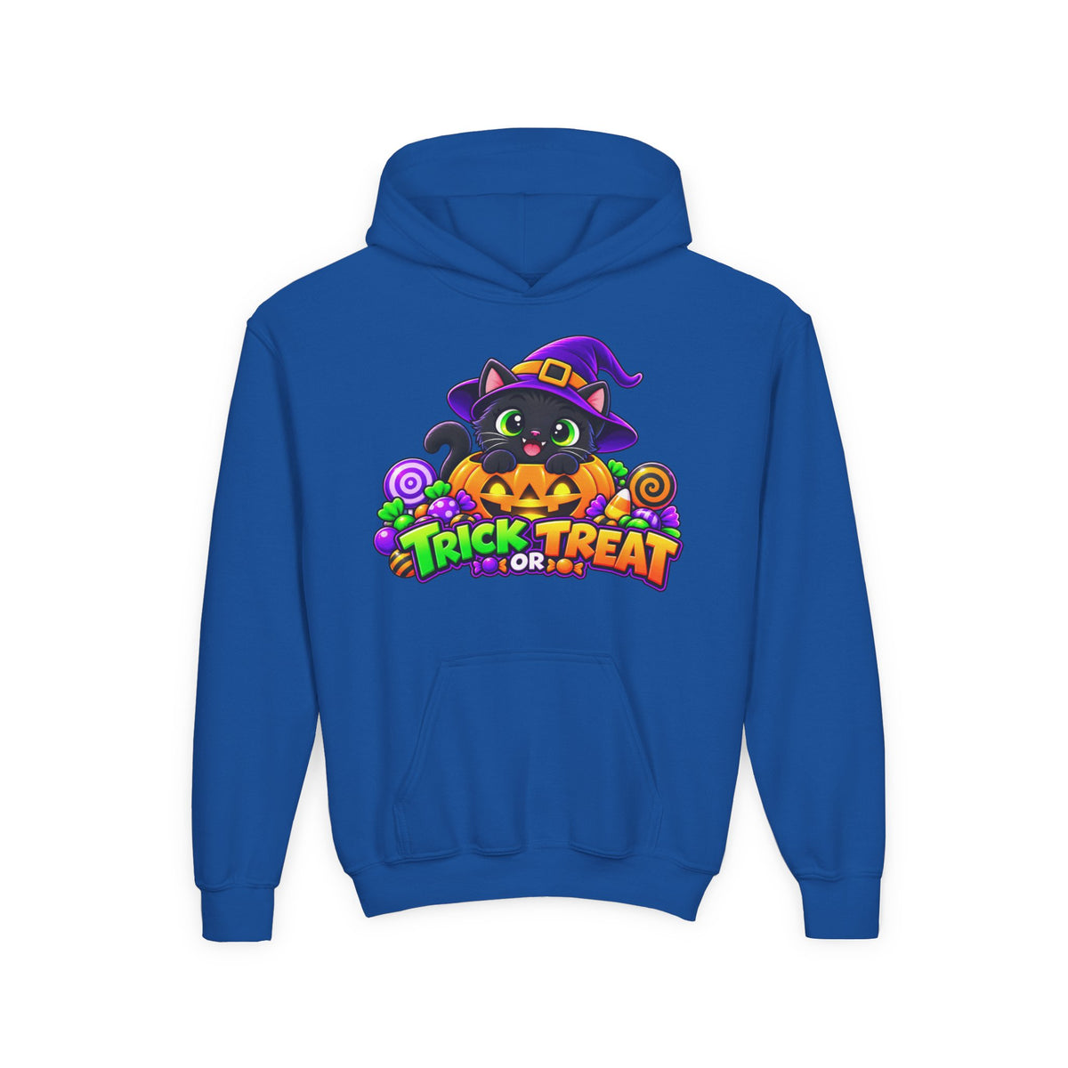 Kidxtr™ Kids Halloween Hoodie — 'Trick or Treat' Black Cat in Pumpkin Graphic Hoodie