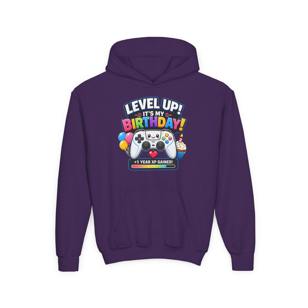 Kidxtr™ Kids Birthday Hoodie — 'Level Up, It’s My Birthday' Cartoon Graphic Sweatshirt