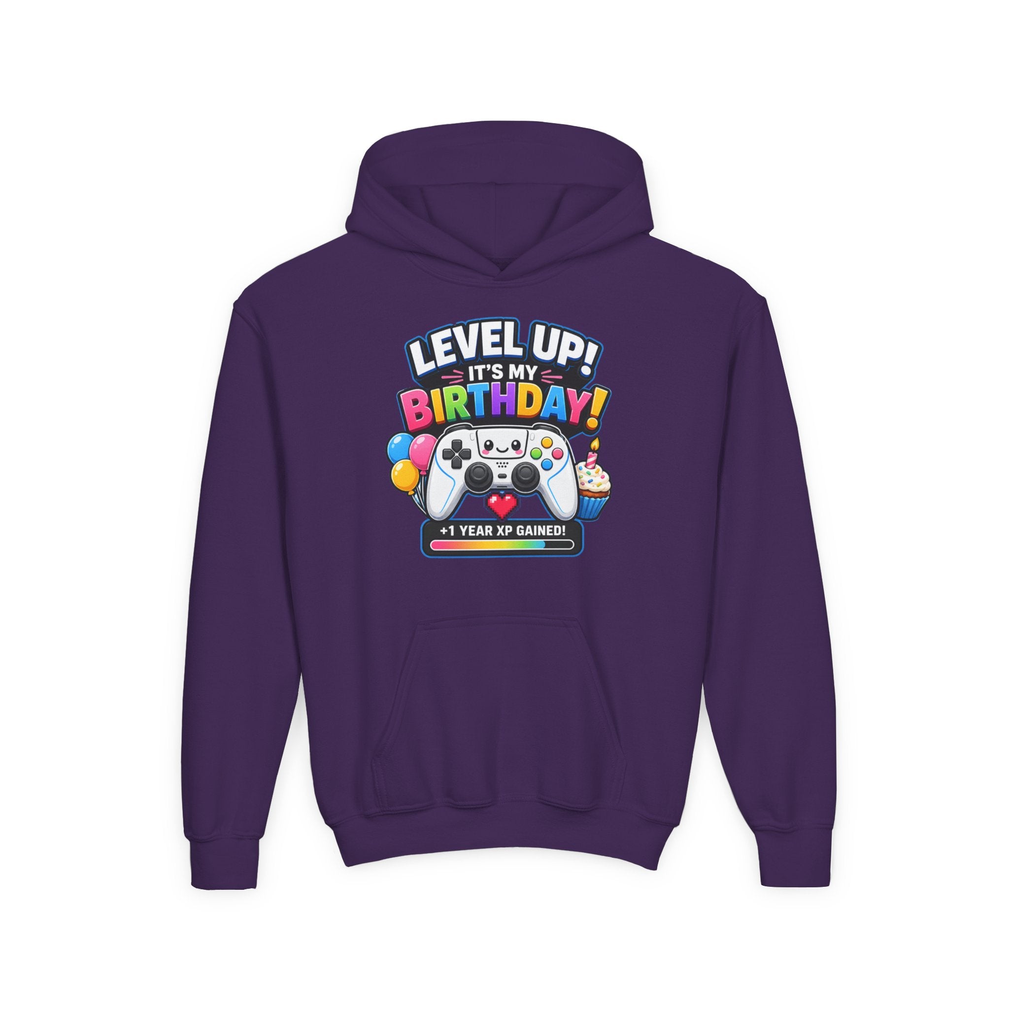 Kidxtr™ Kids Birthday Hoodie — 'Level Up, It’s My Birthday' Cartoon Graphic Sweatshirt