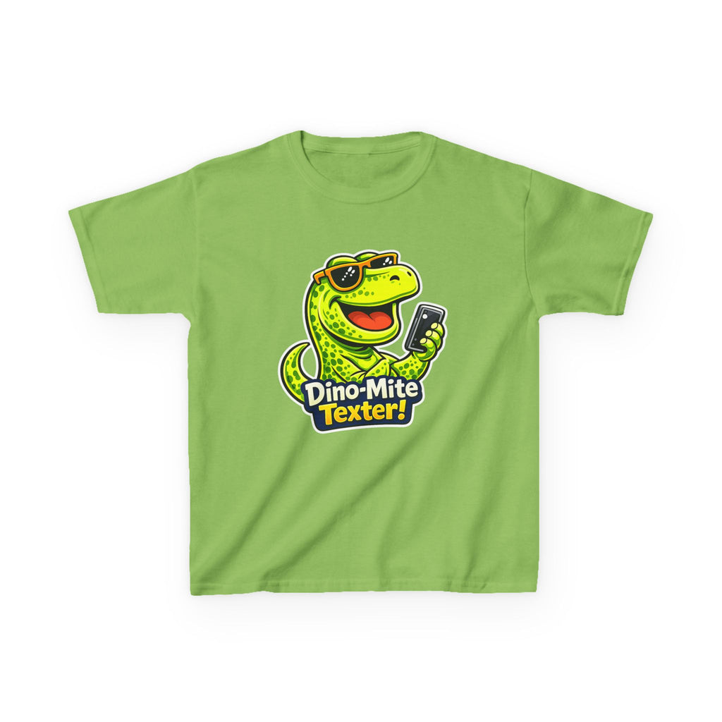 Kids Dinosaur T-Shirt — 'Dino-Mite Texter' Cartoon Dinosaur Graphic Tee
