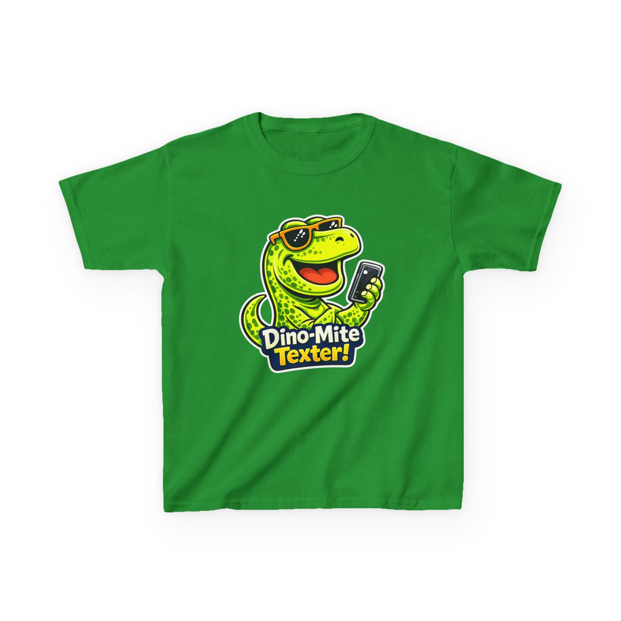 Kids Dinosaur T-Shirt — 'Dino-Mite Texter' Cartoon Dinosaur Graphic Tee
