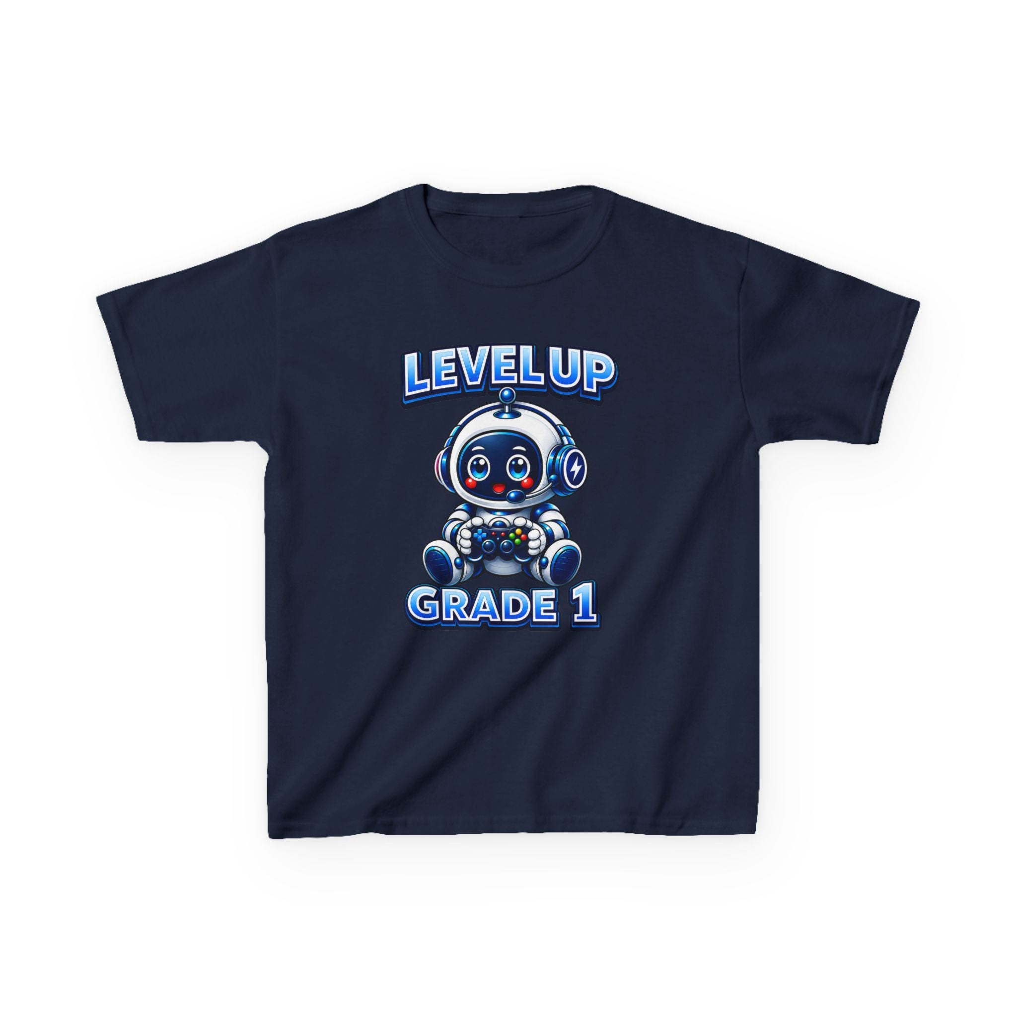Kids Grade 1 T-Shirt — 'Level Up' Cute Robot Back-to-School Graphic Tee