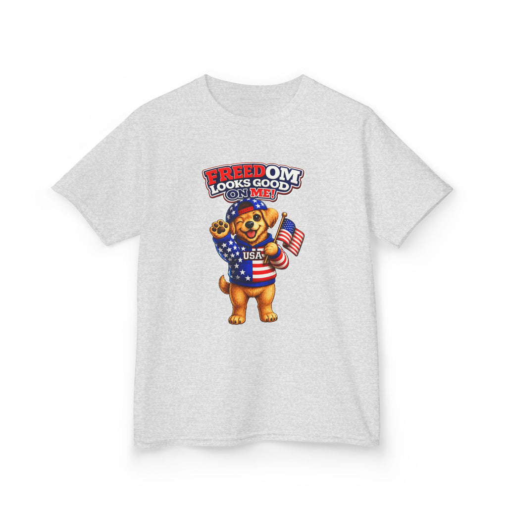Kids Patriotic T-Shirt — 'Freedom Looks Good on Me' USA Dog Graphic Tee