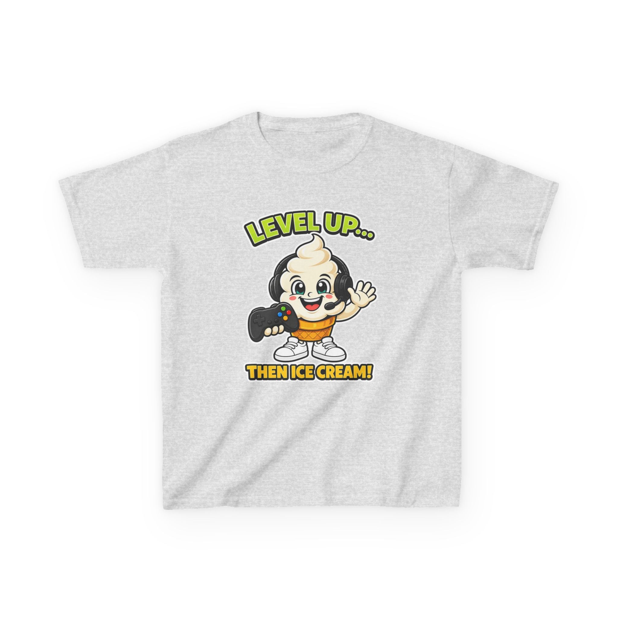 Kids Gamer T-Shirt — 'Level Up... Then Ice Cream!' Ice Cream Cartoon Graphic Tee