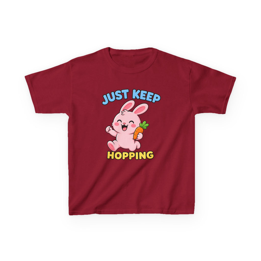 Kids Tee — “Just Keep Hopping” Cute Bunny Carrot Graphic