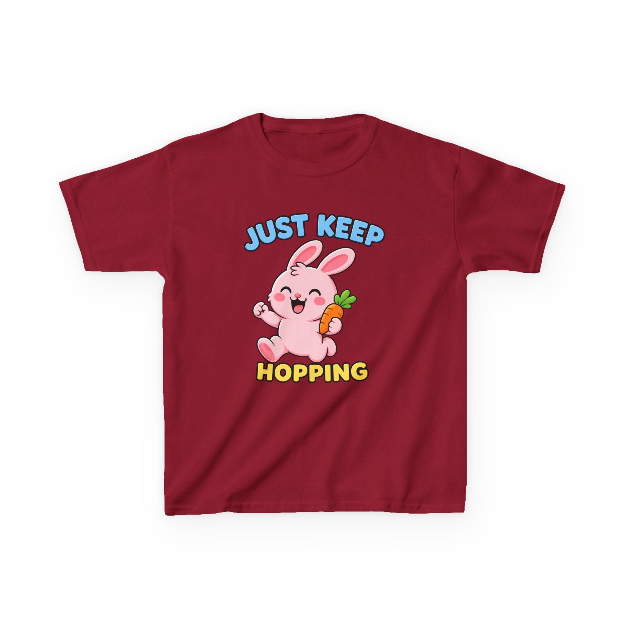 Kids Tee — “Just Keep Hopping” Cute Bunny Carrot Graphic