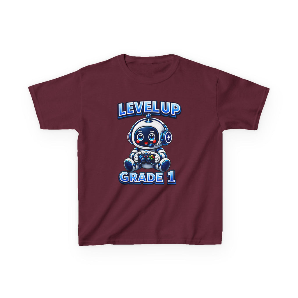 Kids Grade 1 T-Shirt — 'Level Up' Cute Robot Back-to-School Graphic Tee
