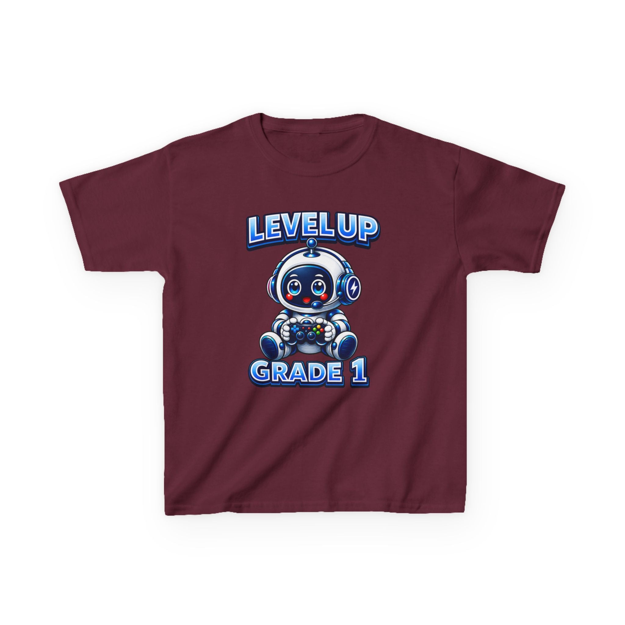 Kids Grade 1 T-Shirt — 'Level Up' Cute Robot Back-to-School Graphic Tee