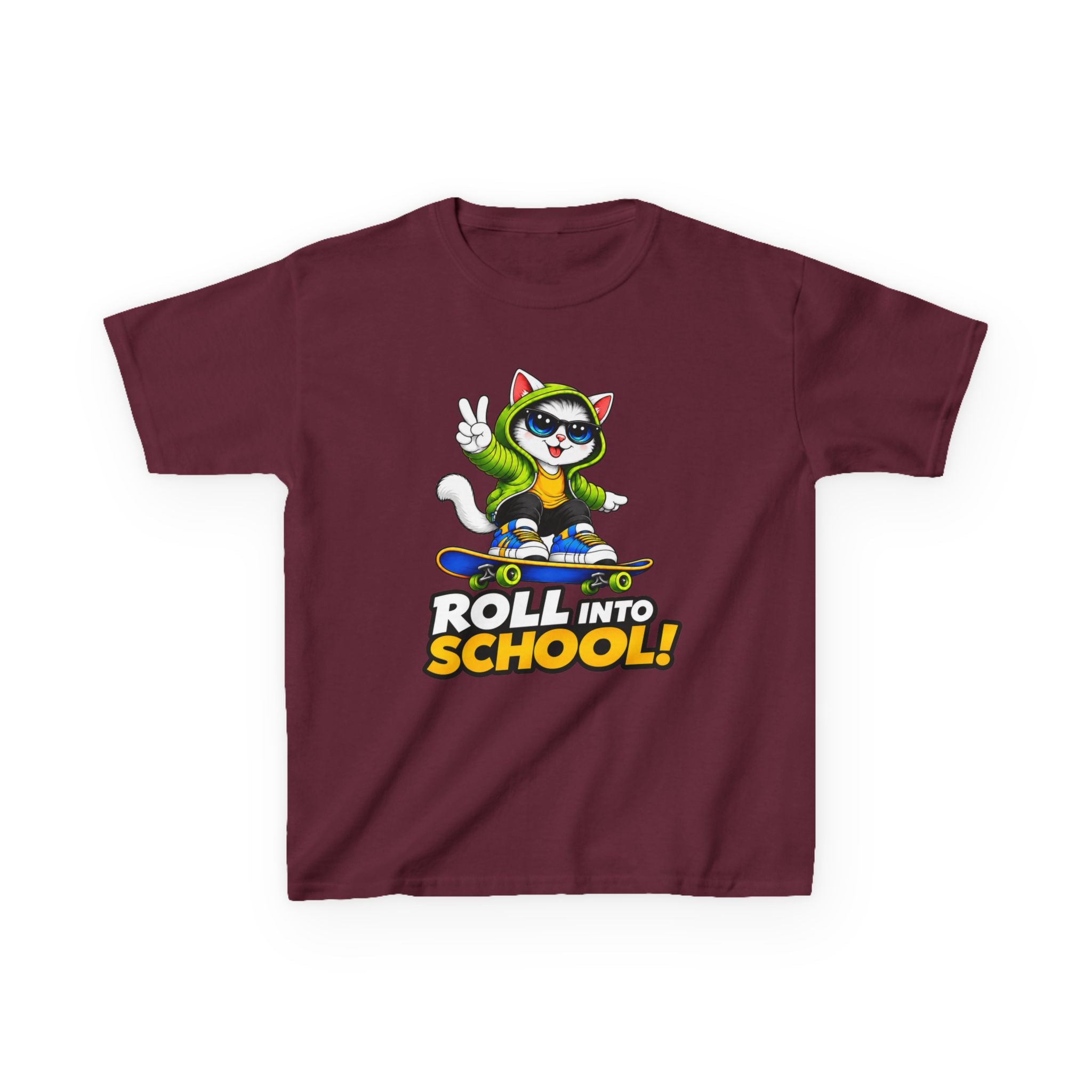 Kids Skateboarding Cat T-Shirt — 'Roll Into School' Back-to-School Graphic Tee