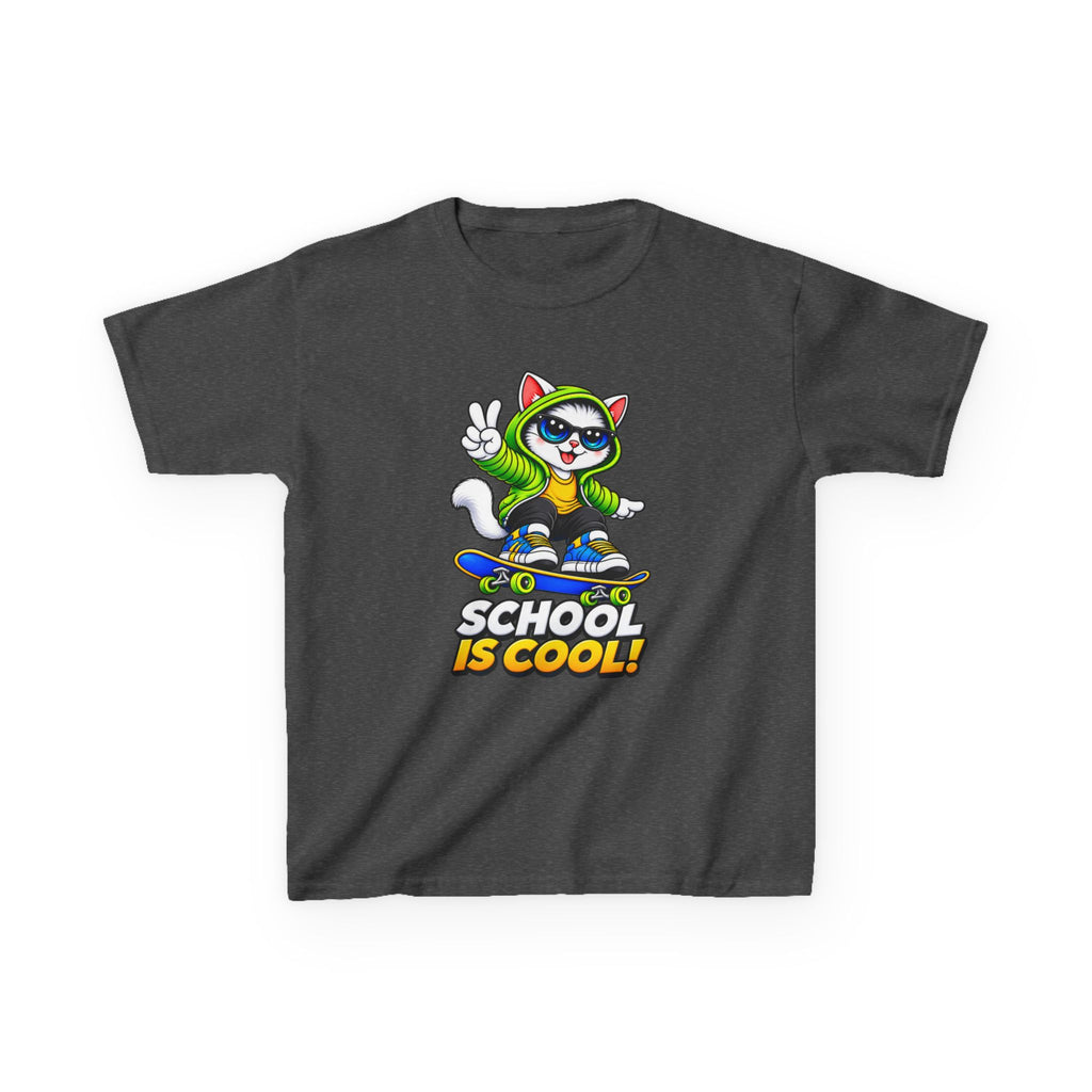 Kids School T-Shirt — 'School Is Cool' Skateboard Cat Graphic Tee