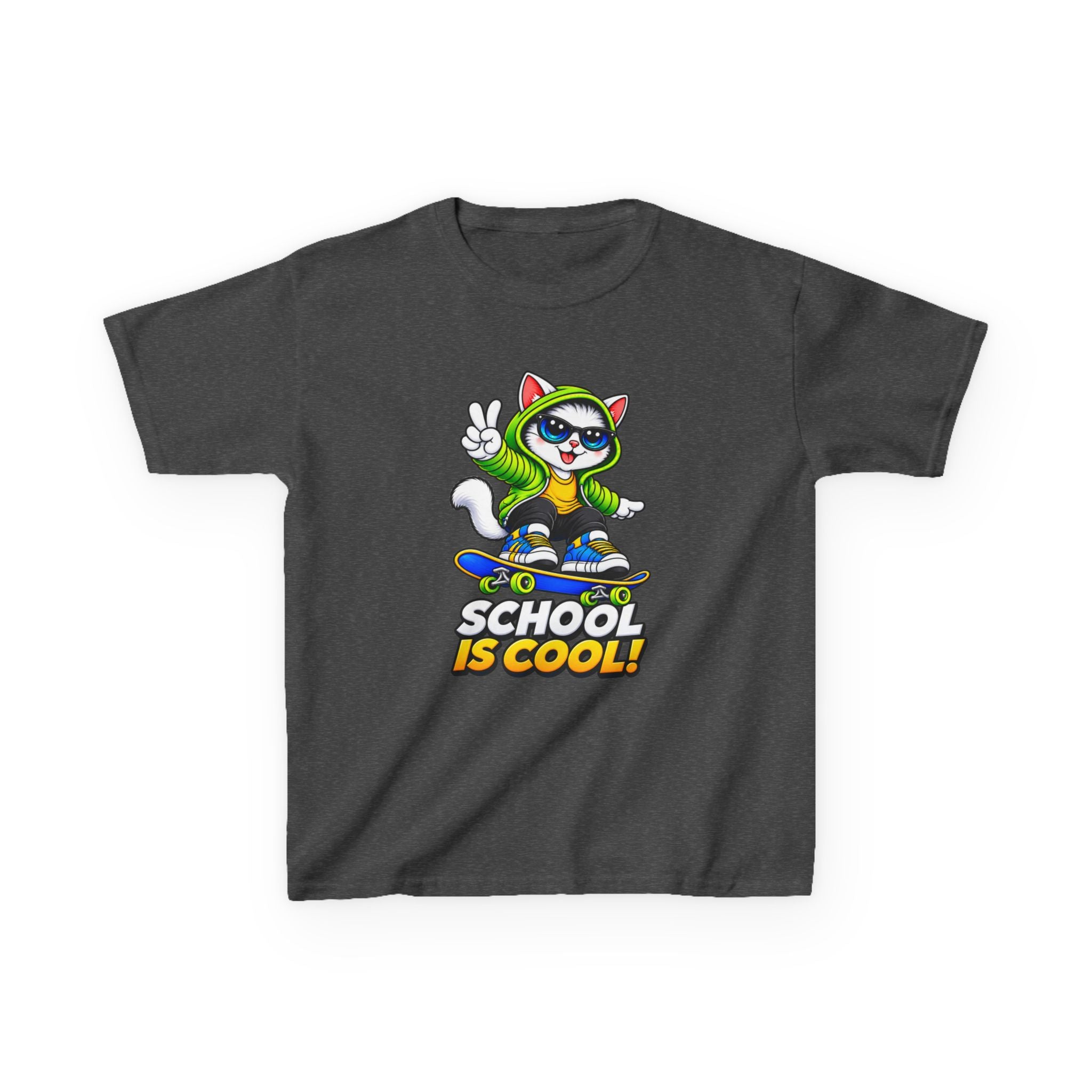 Kids School T-Shirt — 'School Is Cool' Skateboard Cat Graphic Tee