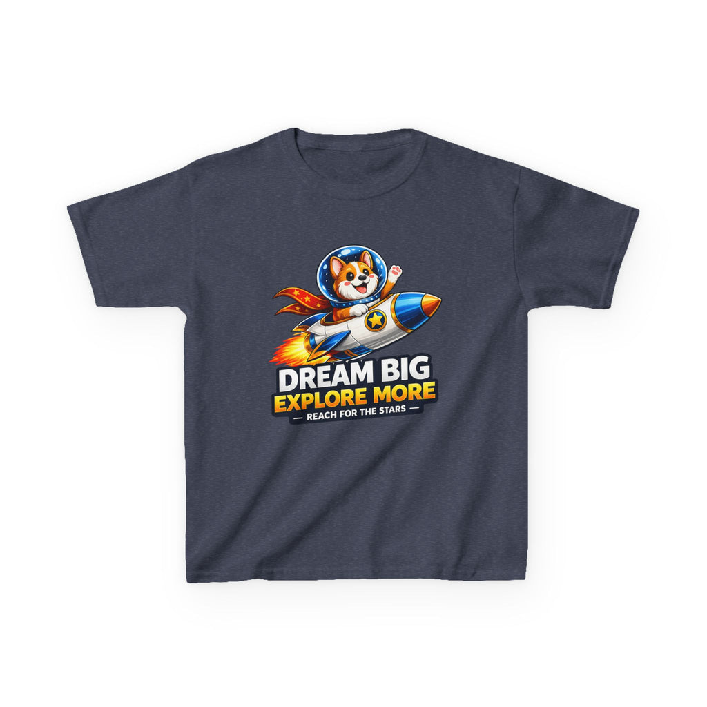 Kids Tee — "Dream Big Explore More" Rocket Dog Space Graphic