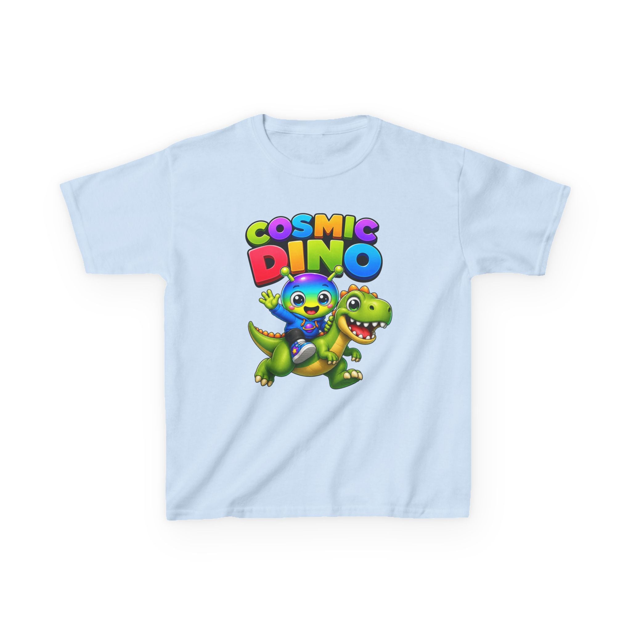 Kids Cosmic Dino T-Shirt — 'Cosmic Dino' Colorful Alien Riding Dinosaur Graphic Tee