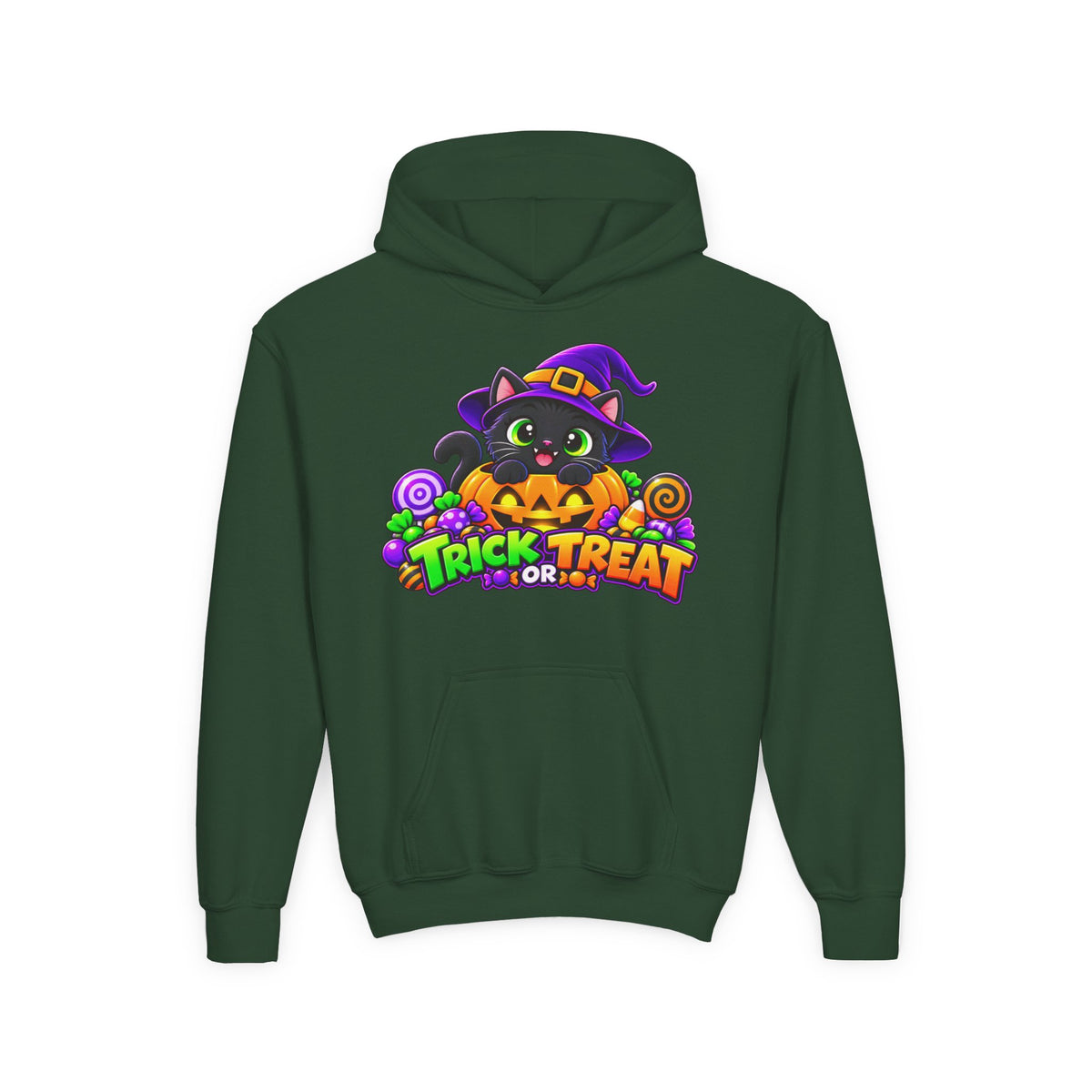 Kidxtr™ Kids Halloween Hoodie — 'Trick or Treat' Black Cat in Pumpkin Graphic Hoodie