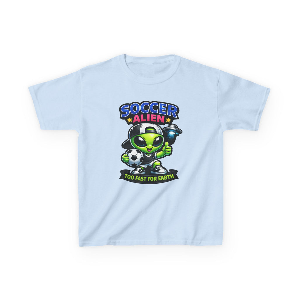 Kids Soccer T-Shirt — 'Too Fast for Earth' Cute Green Alien Soccer Graphic Tee