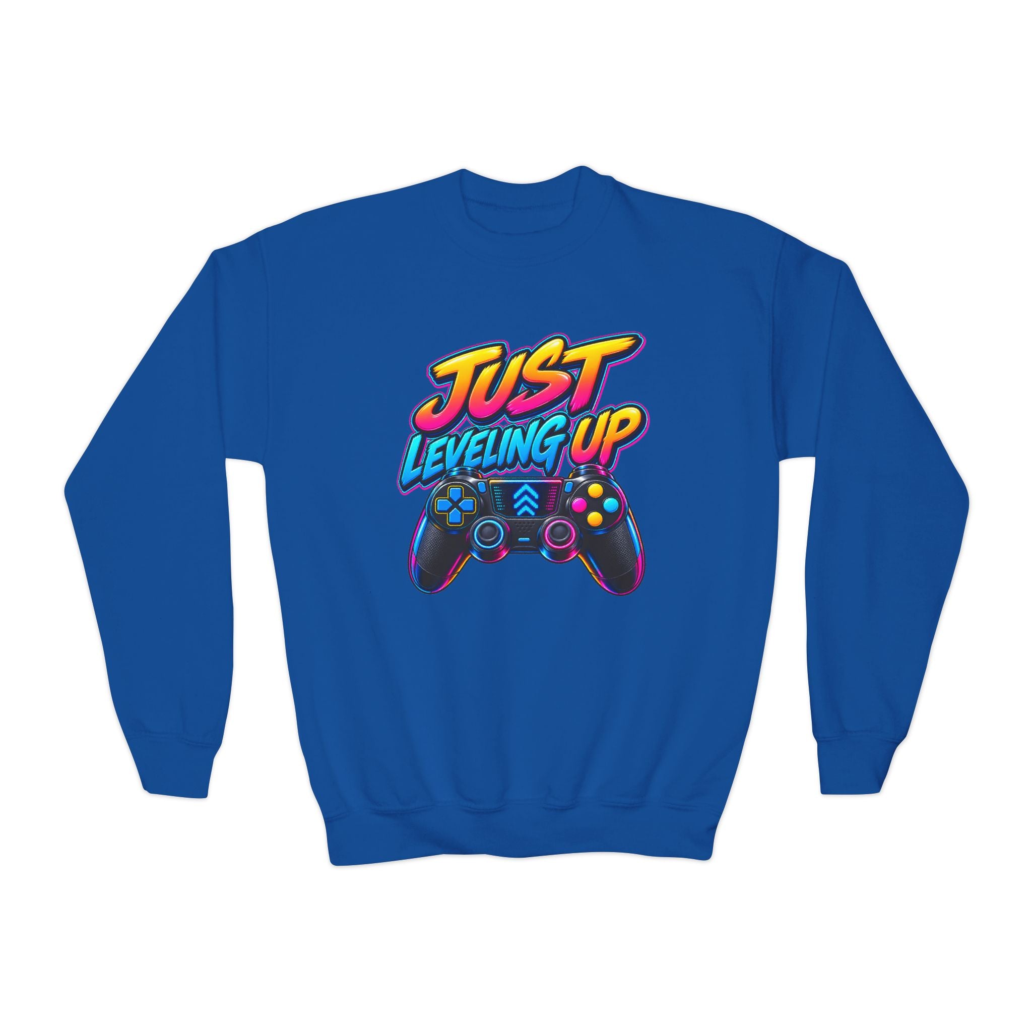 Kidxtr™ Kids Gamer Crewneck — 'Just Level Up' Cartoon Graphic Sweatshirt
