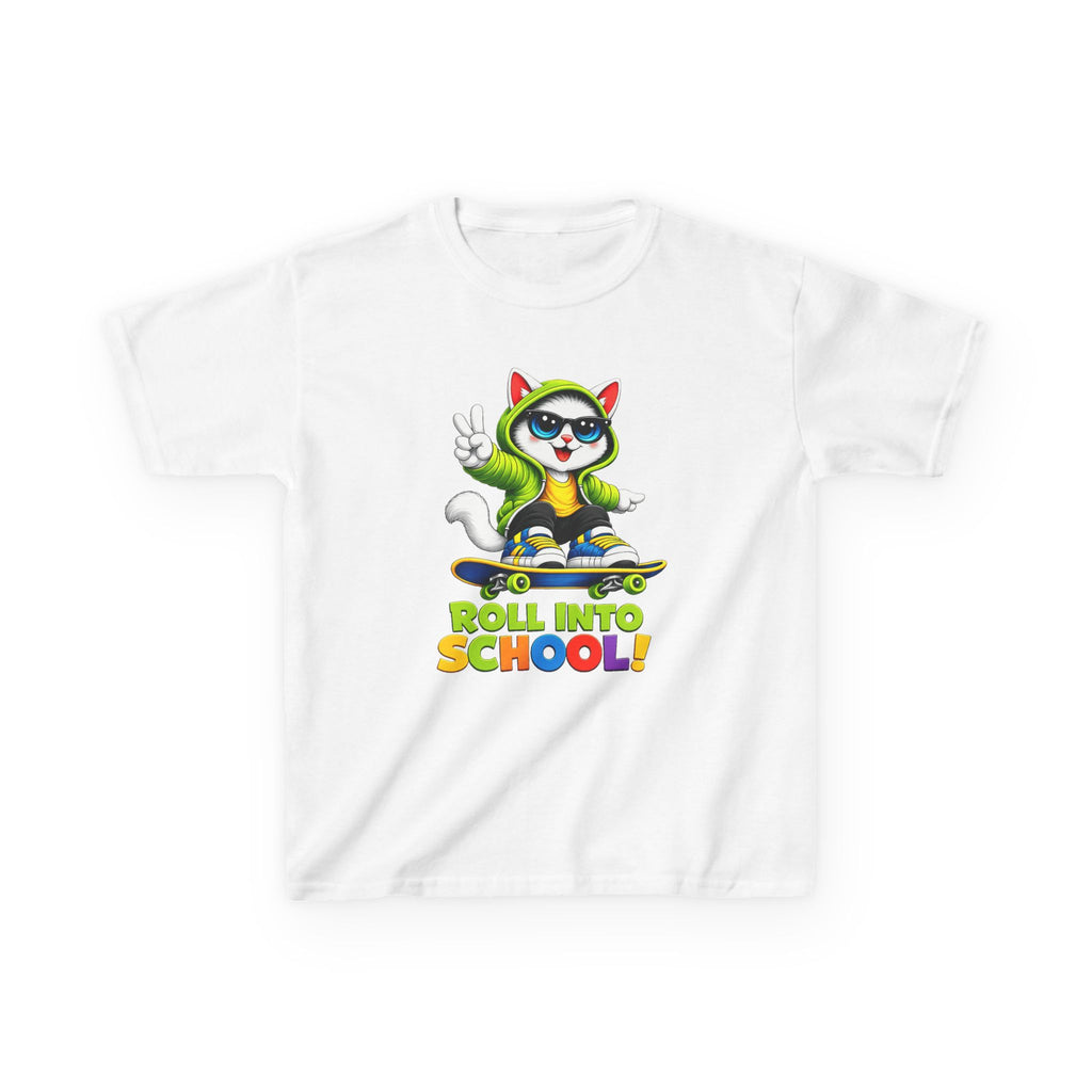 Kids Skateboard Cat T-Shirt — 'Roll Into School' Back-to-School Graphic Tee