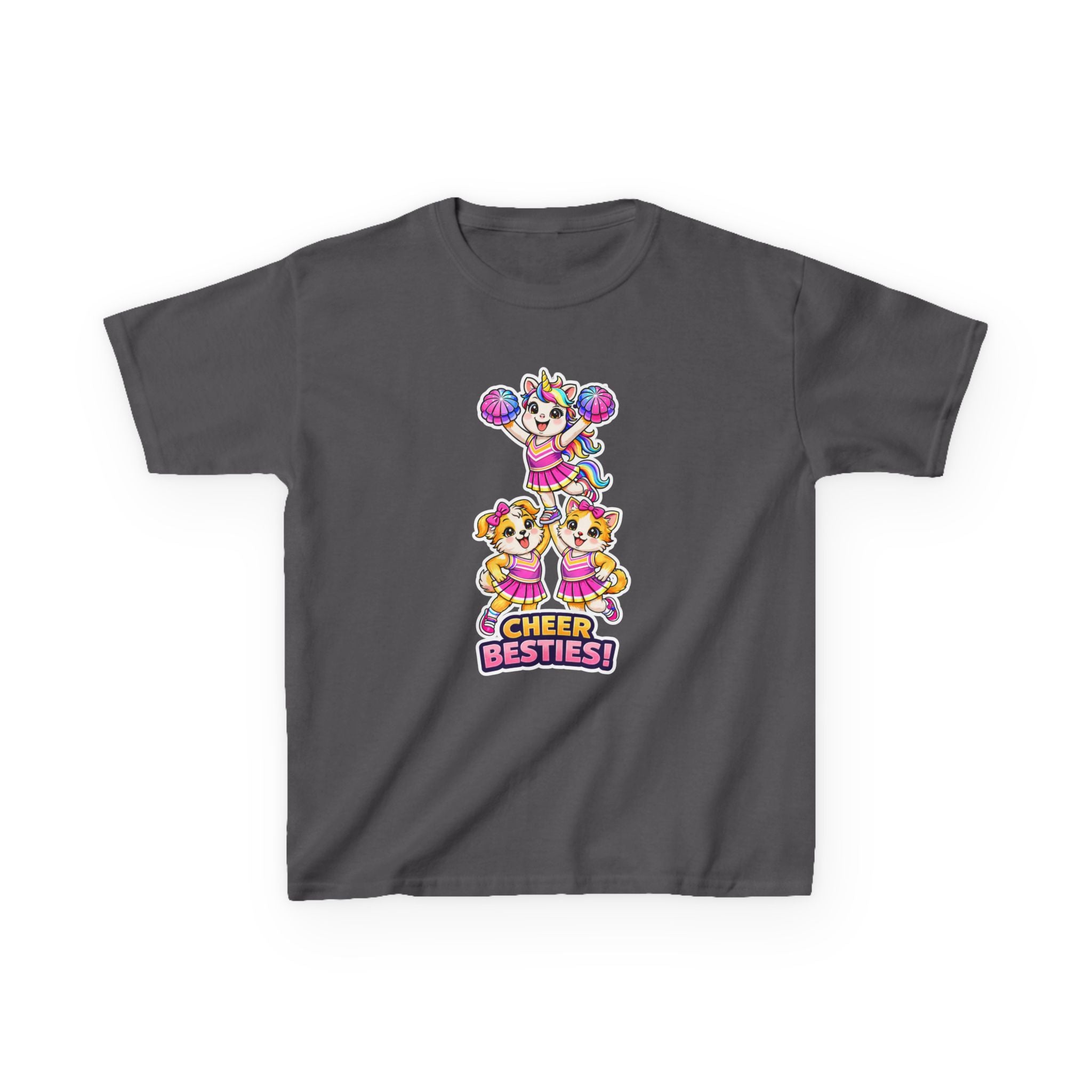 Kids Cheer T-Shirt — 'Cheer Besties' Cute Cheerleader Puppy Graphic Tee