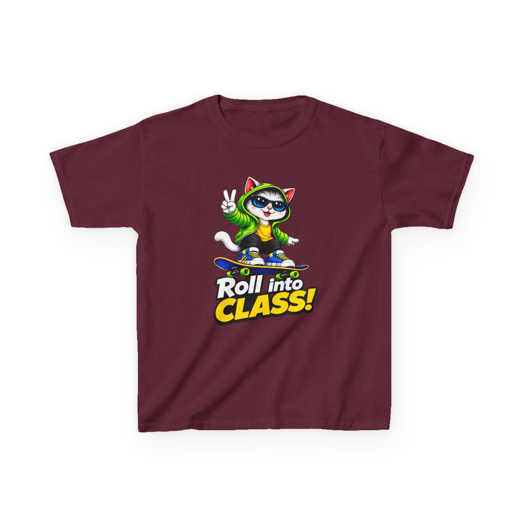 Kids Skateboarding Cat T-Shirt — 'Roll into Class!' Back-to-School Graphic Tee