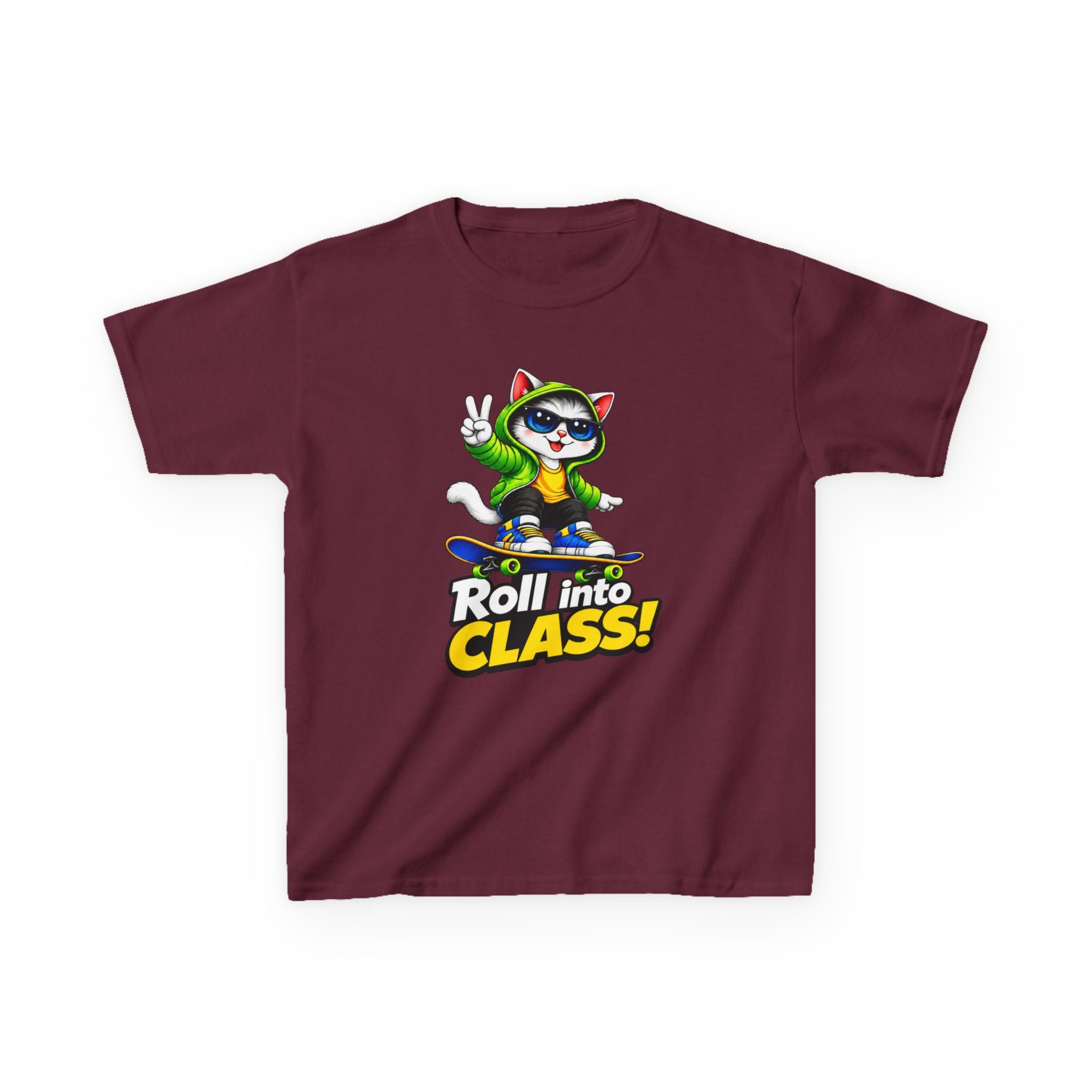 Kids Skateboarding Cat T-Shirt — 'Roll into Class!' Back-to-School Graphic Tee