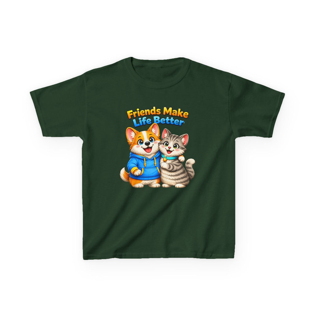 Kids Friendship T-Shirt — 'Friends Make Life Better' Cute Cat & Dog Graphic Tee