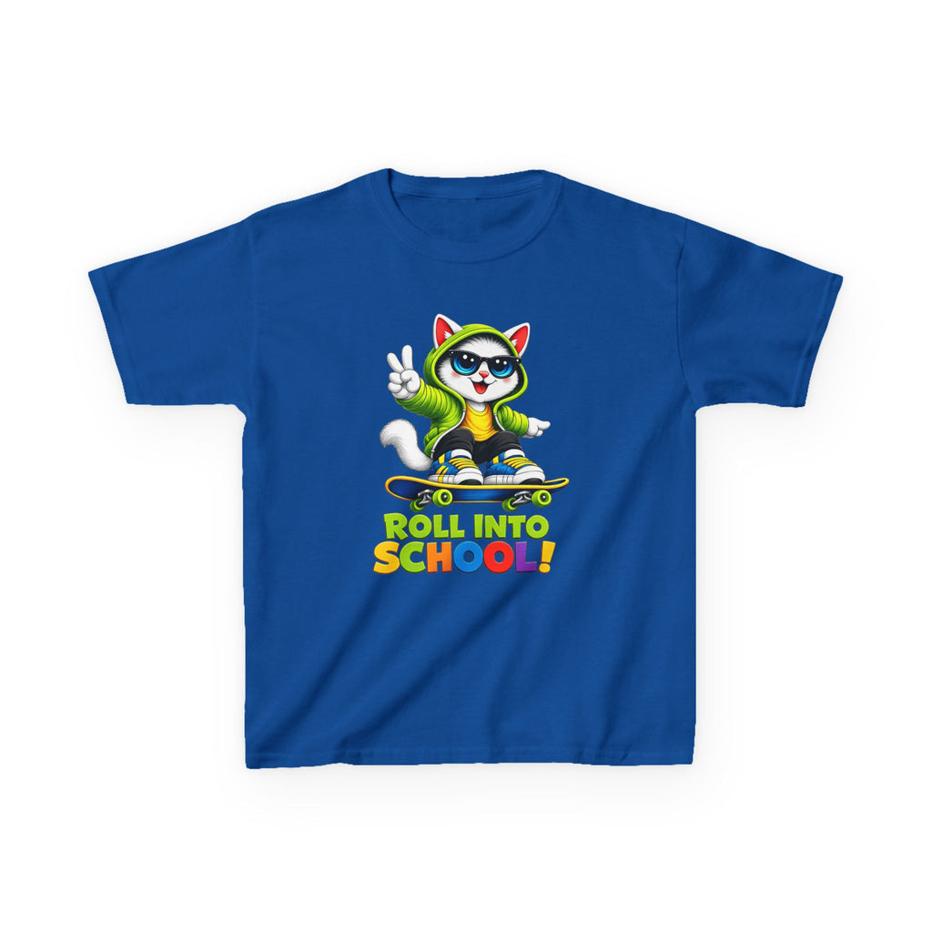 Kids Skateboard Cat T-Shirt — 'Roll Into School' Back-to-School Graphic Tee