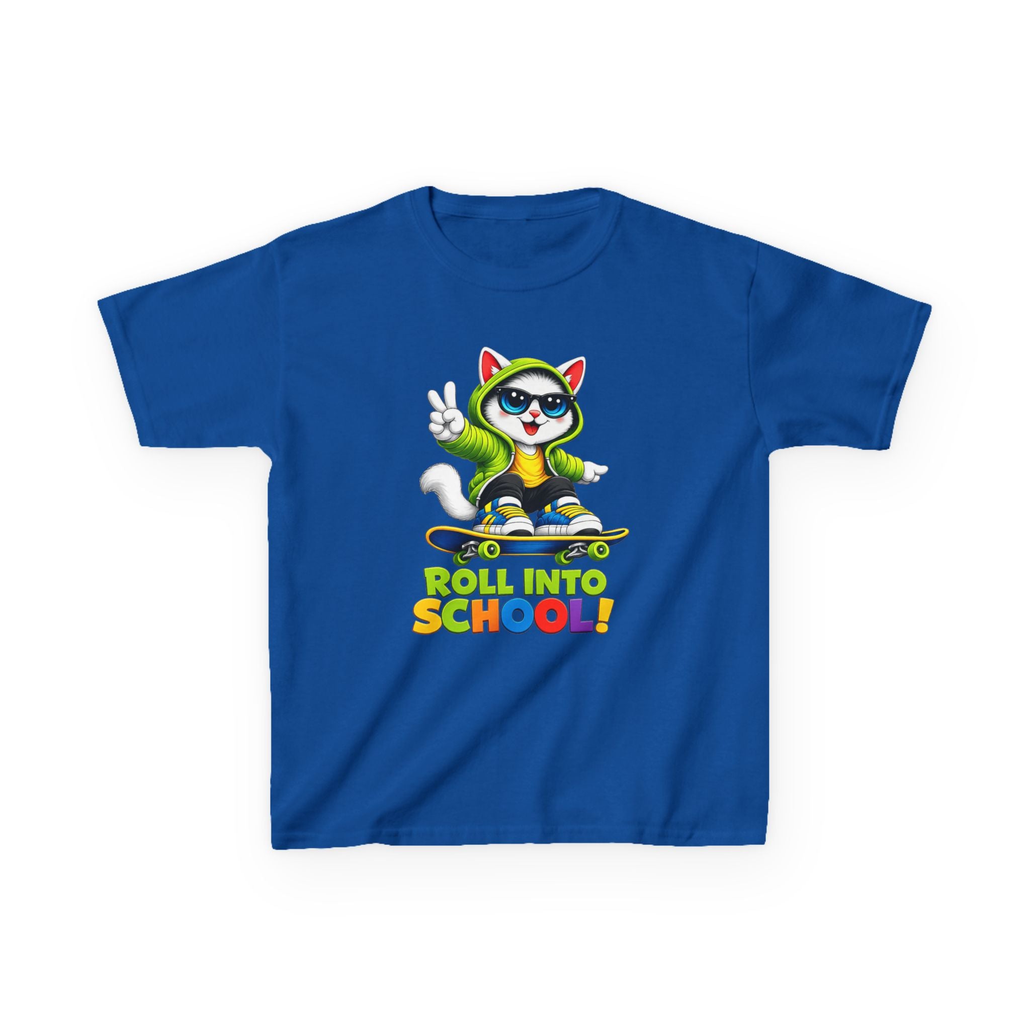 Kids Skateboard Cat T-Shirt — 'Roll Into School' Back-to-School Graphic Tee
