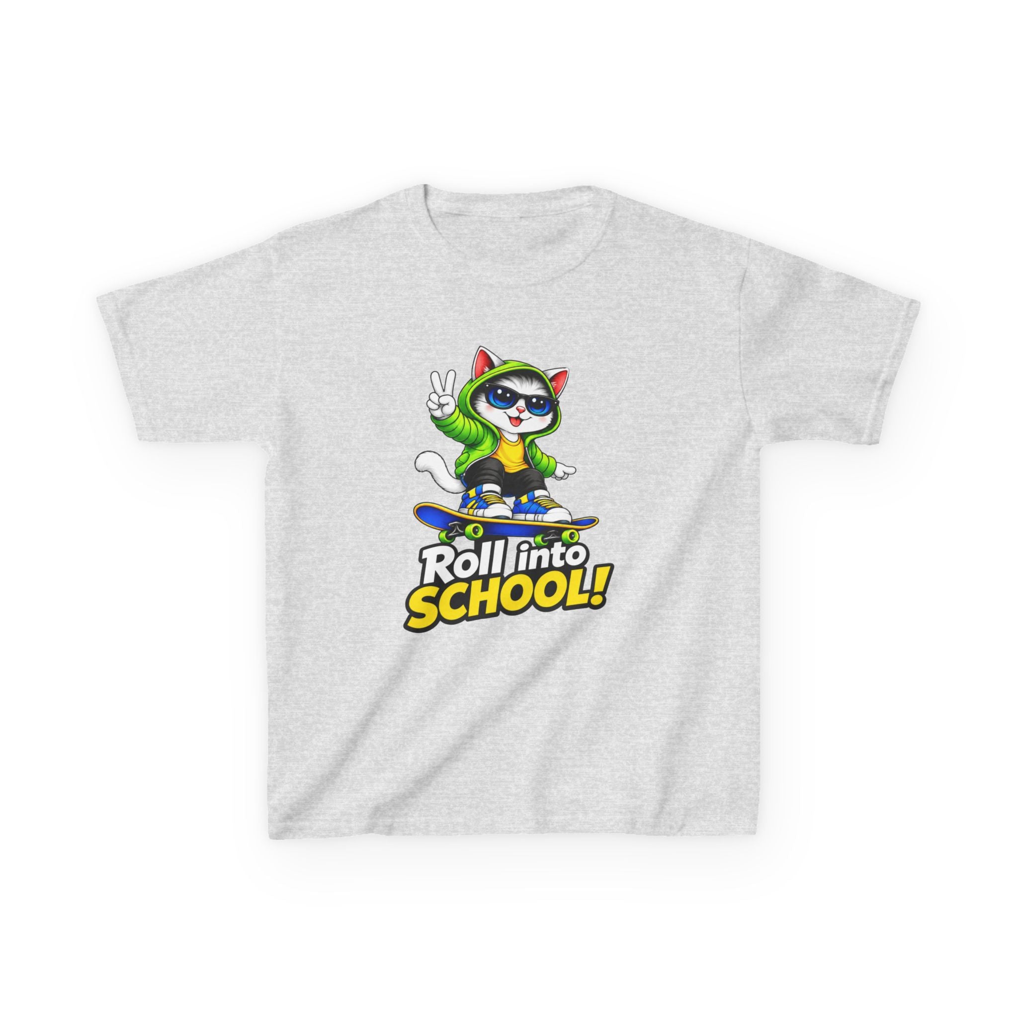 Kids T‑Shirt — 'Roll into School!' Skateboard Cat Back-to-School Tee