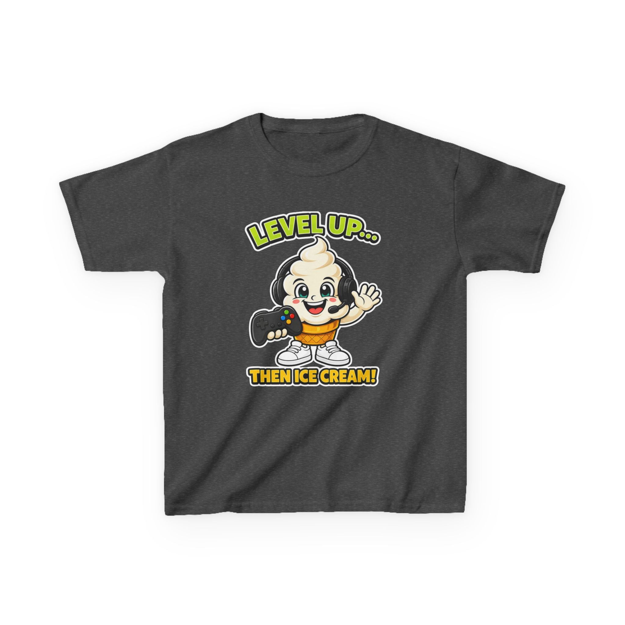 Kids Gamer T-Shirt — 'Level Up... Then Ice Cream!' Ice Cream Cartoon Graphic Tee