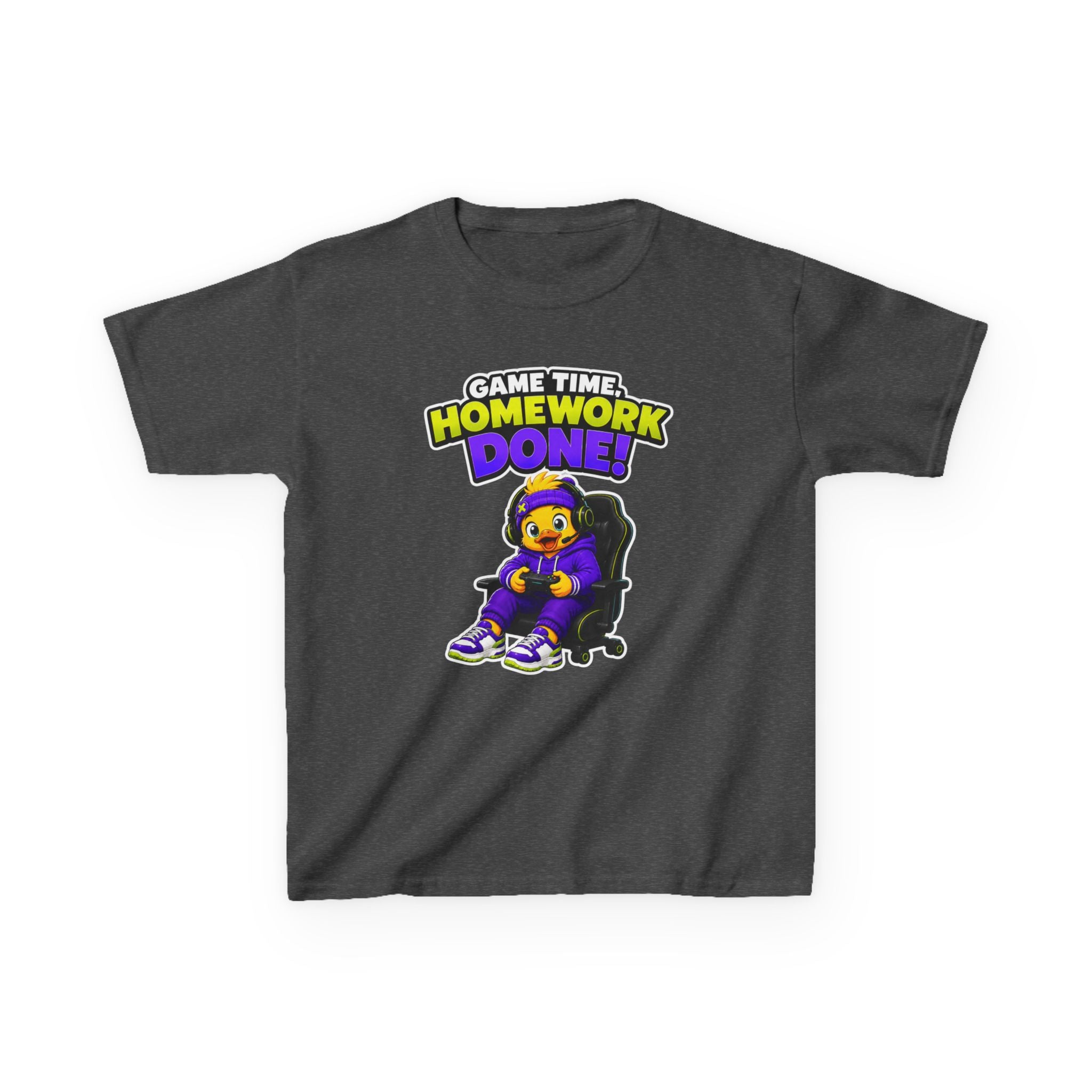 Kids Gamer T-Shirt — 'Game Time, Homework Done!' Gamer Cartoon Graphic Tee
