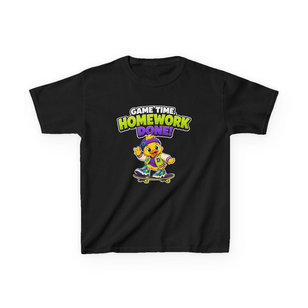 Kids Back-to-School T-Shirt — 'Game Time, Homework Done!' Skateboard Duck Graphic Tee