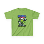 Kids Soccer T-Shirt — 'Too Fast for Earth' Cute Green Alien Soccer Graphic Tee